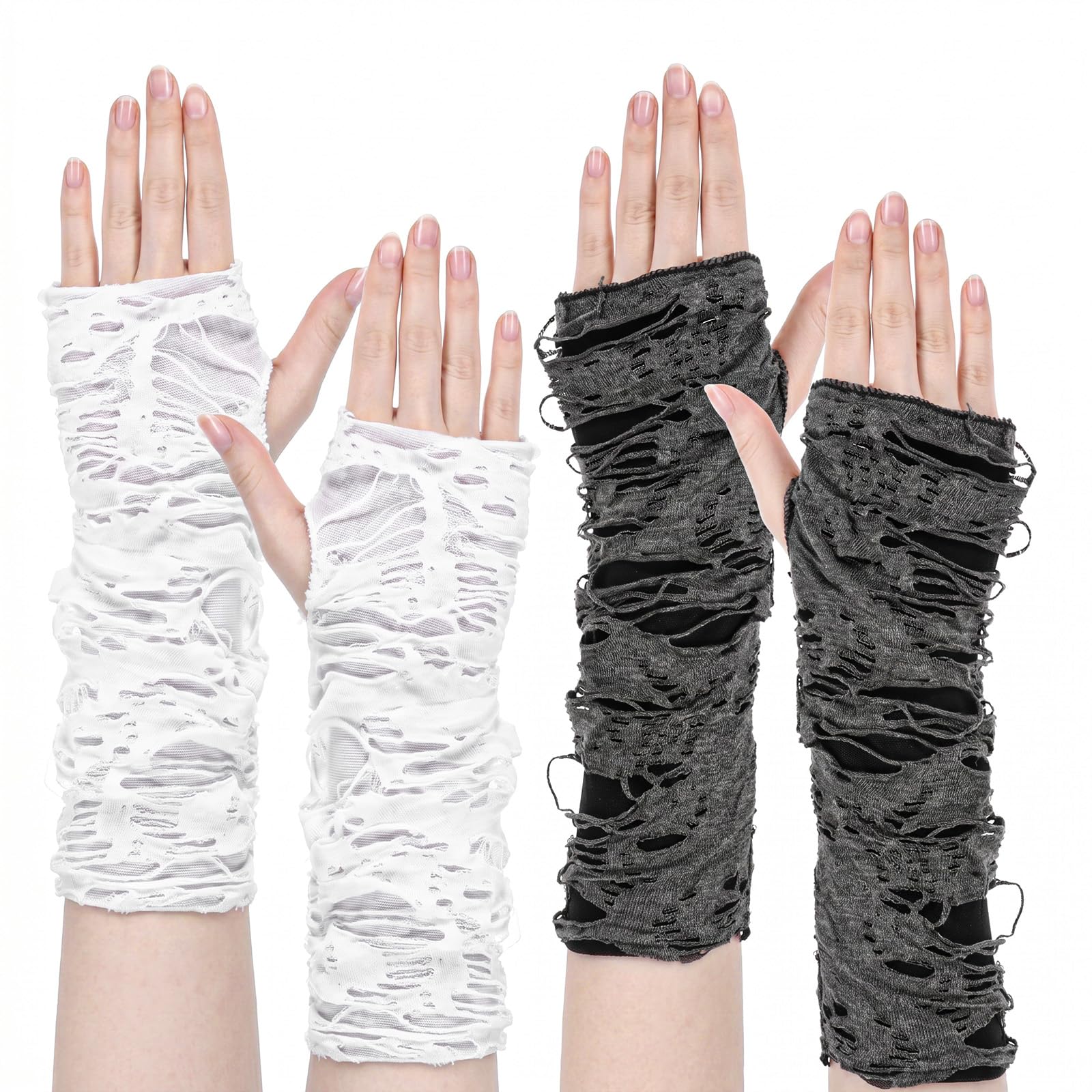 2Pairs Fingerless Punk Gloves Arm Warmers, Women Elastic Broken Goth Gloves