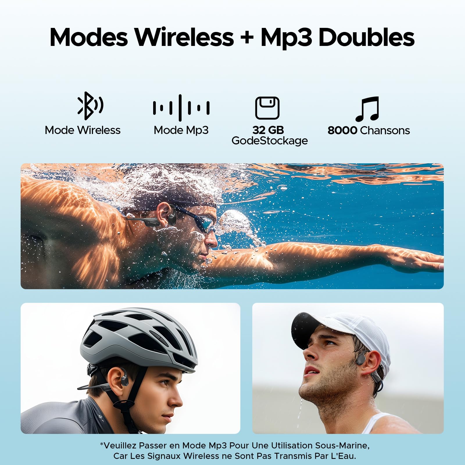 Casque à Conduction Osseuse,Étanche IP68 Écouteurs pour la Natation,10 Heures,Bluetooth 5.4 sans Fil 32 Go de Stockage,Mode MP3 Convient pour Le Cyclisme,La Natation et Le Fitness(Black)