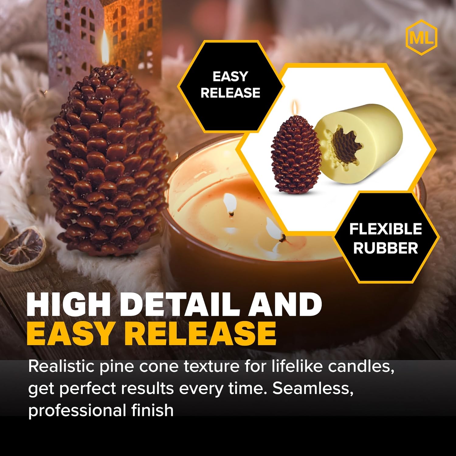 Mann Lake Jumbo Pine Cone Candle Mold, Durable Easy Release Rubber for Realistic Pinecone Candles, Ideal for Christmas, Autumn Crafts, Rustic Decor, Woodland-Themed and Festive Seasonal Creations