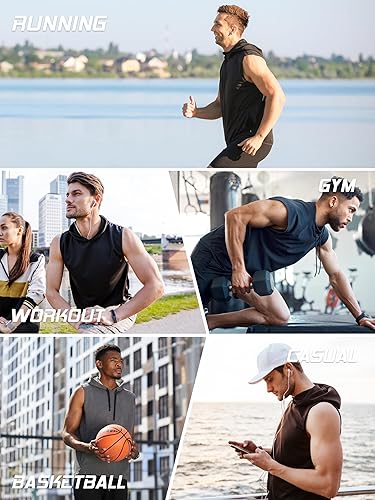 Miniatura 6 de Paquete de 3 sudaderas sin mangas para hombre, de secado rápido, con capucha, para correr, gimnasio, muscular, camisetas sin mangas
