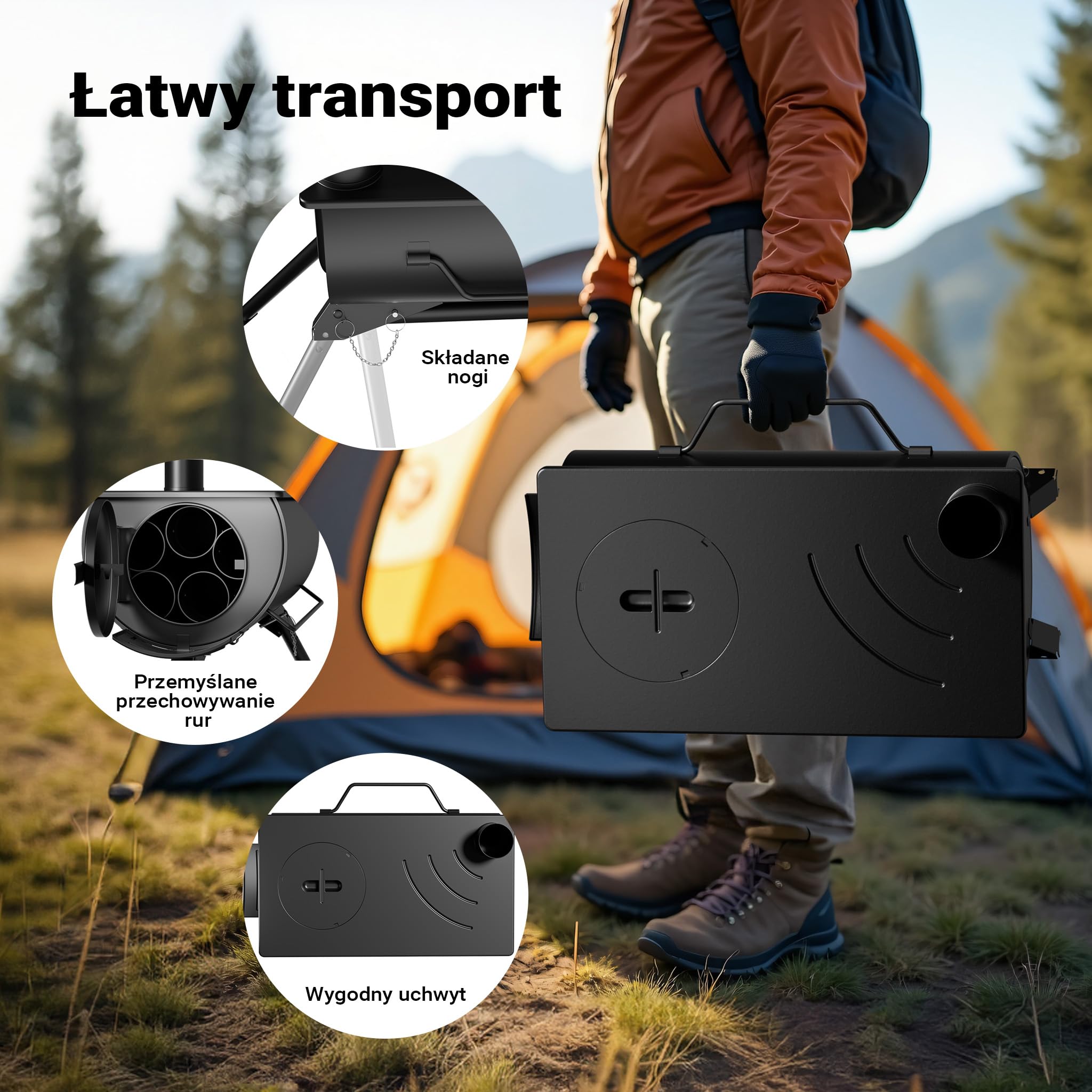 Wiltec Piec do namiotu na drewno ze stali Q235, piecyk 85 x 57,5 x 238 cm z kominkiem Ø 6 cm pod namiot, wszechstronność na biwaku