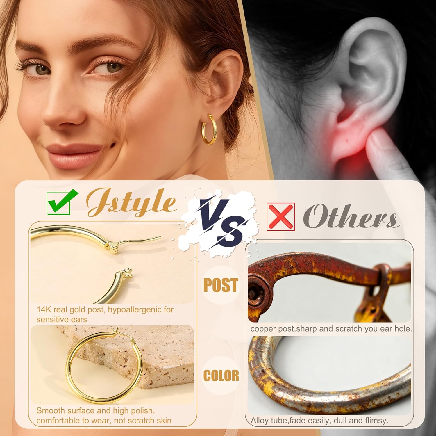 Jstyle 14K Solid Gold Hoop Earrings Post, No Tarnish 14K Gold Filled Hoop Earrings Lightweight, Hypoallergenic Earring for Sensitive Ears 12/14/16/20/25mm Comfort Fit Hoops Ideal Gift for Women - Image 5
