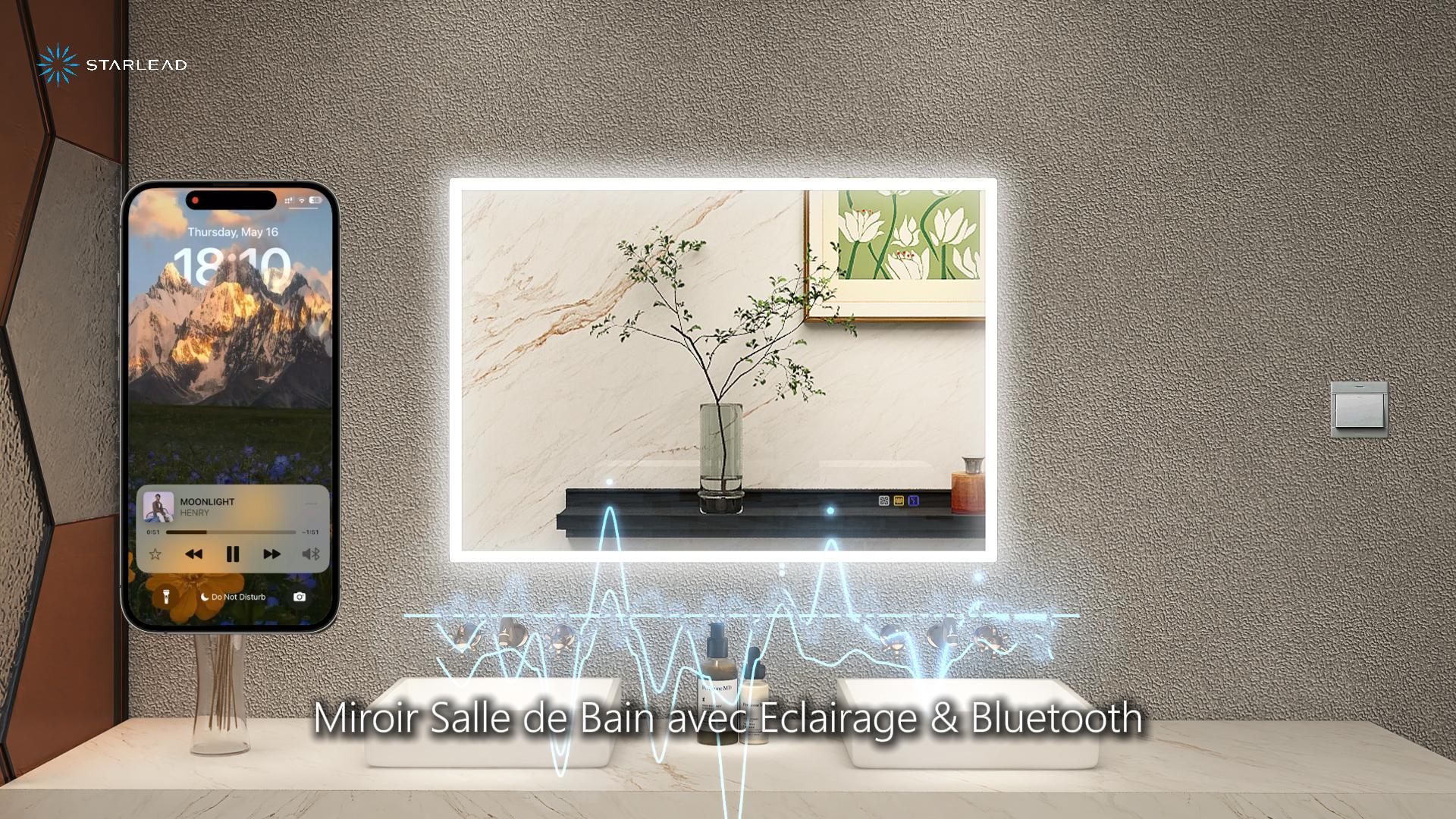 Miroir Salle De Bain LED – Éclairage Avant/arrière – Désembuage – 3 Couleurs – 61 X 81,3 Cm