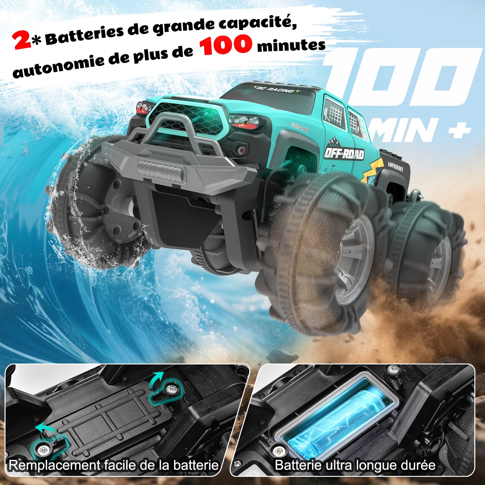 Voiture Télécommandée 4WD Amphibie – Voiture Stunt Tout-Terrain avec Capteur Gestuel, LED, 2 Batteries, Étanche, Jouet Enfant 4-12 Ans pour Sable, Eau, Jardin, Compatible Blocs de Construction