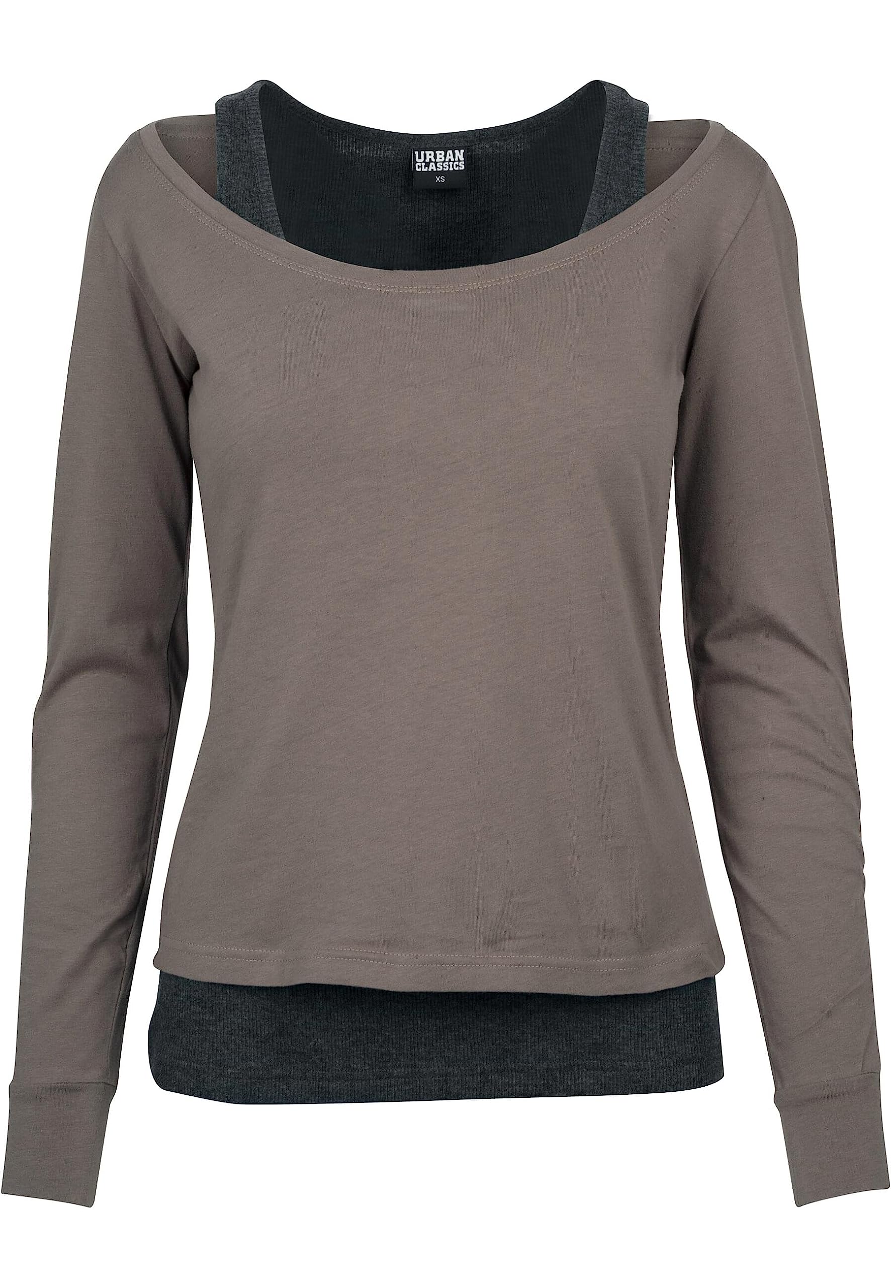 Urban Classics Damen Langarmshirt Ladies 2-Colored T-Shirt, zweitilige Basic Shirt Kombination mit Double Layer Effekt - Farbe Army Green/Charcoal, Größe S