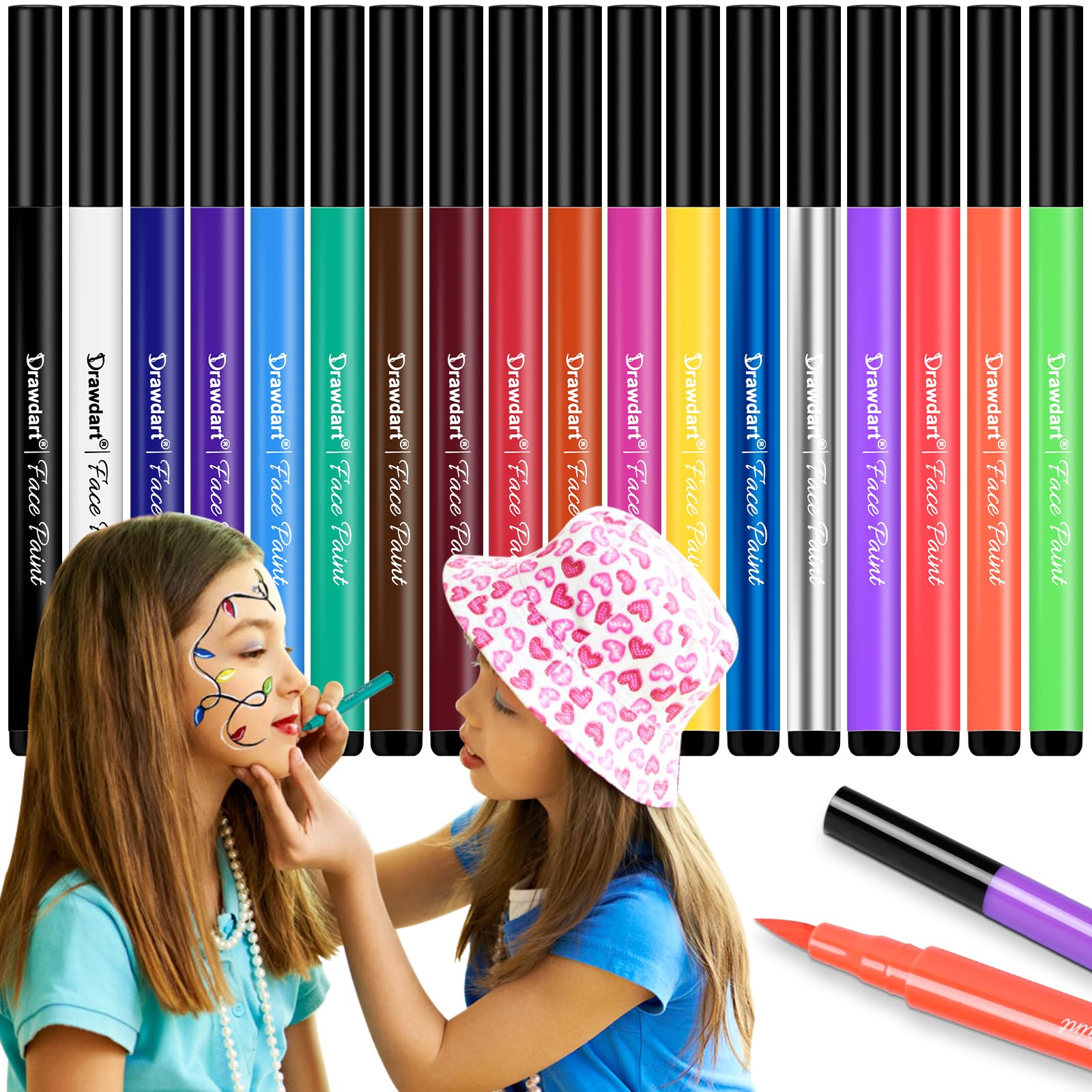 Drawdart 18 Colors Face Painting Markers - Water Resistant, Sweatproof, Waterproof Tattoo Pen for Halloween Body Paint - Anti-Smudge for Party, Kids, Adults