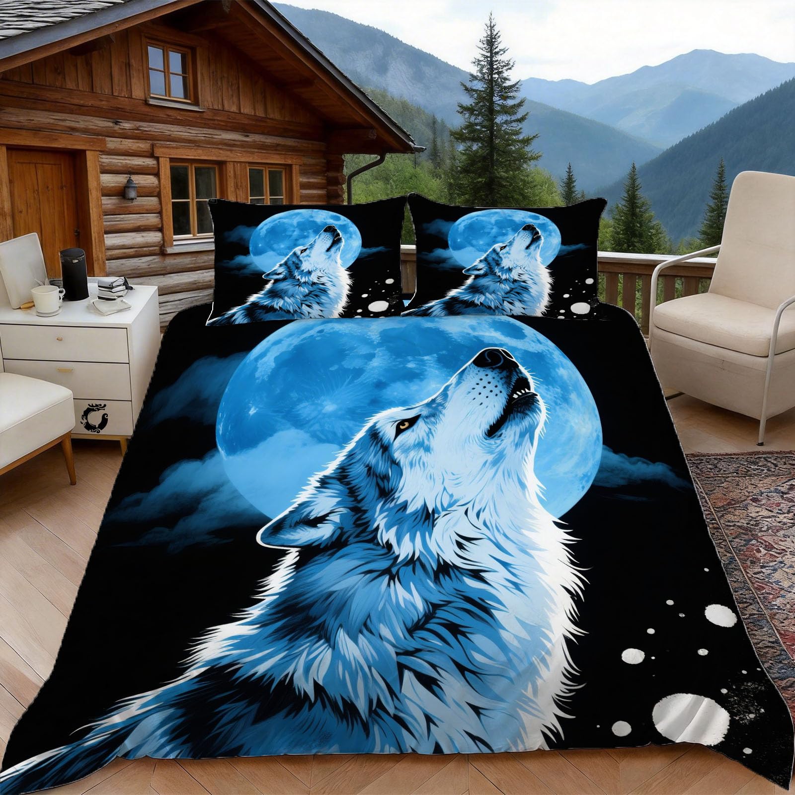 3D King Size Duvet Cover Sets 3D Printed Wolf Moon Bedding, Cartoon Soft Microfibre Duvet Cover Sets Quilt Cover and Pillow Set with Zipper 3 Pcs