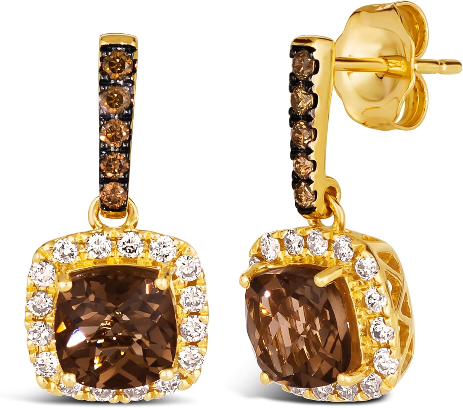 Le Vian 2/5 Carat Vanilla and Chocolate Diamond Earrings for Women | 14k Yellow Gold Drop Earrings for Her w 1 3/4 Carat Cushion Cut Smoky Quartz Halo Design (White/Brown, 0.41 Cttw) Secure Push Back