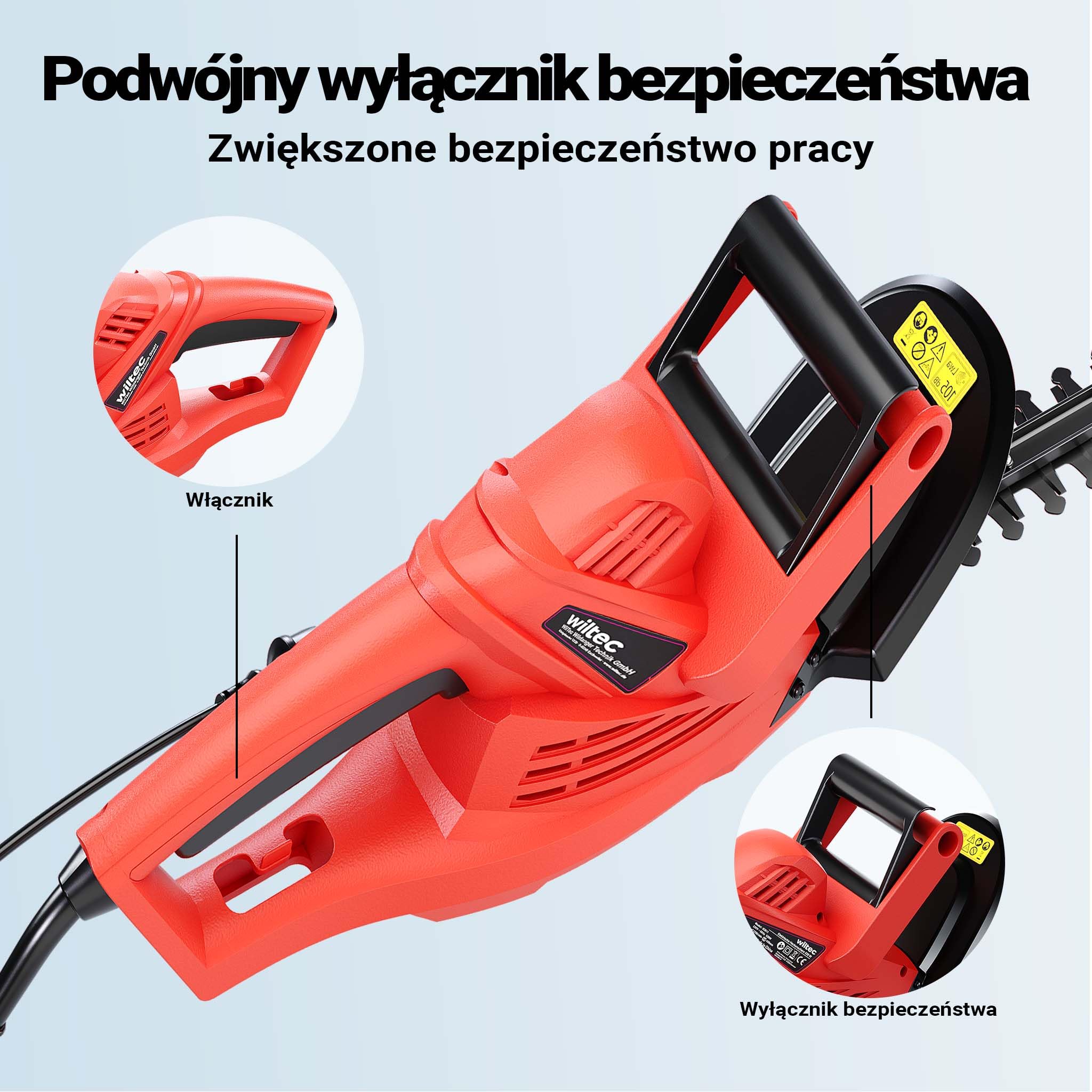 Elektryczne nożyce do żywopłotu Wiltec 520 W, nożyce do żywopłotu o długości cięcia 450 mm, piła do żywopłotu z hamulcem szybkomocującym, kosa spalinowa z osłoną dłoni