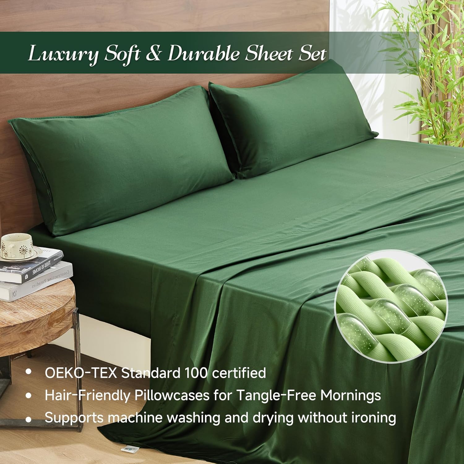 Simple&Opulence 100% Viscose Bed Sheet Set 3 Piece, Breathable Cooling Bedding Set with 15" Deep Pockets, Luxury Ultra Soft for Hot Sleepers (Dark Green,Twin)
