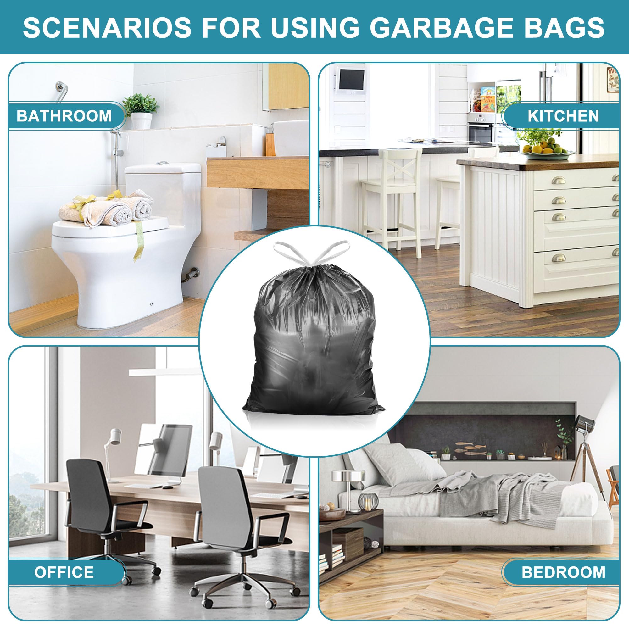 Bolsas de basura con cordón de 4 galones, biodegradables, negras, pequeñas, degradables, gruesas, bolsas de basura para baño, cocina, oficina, coche, 100 unidades