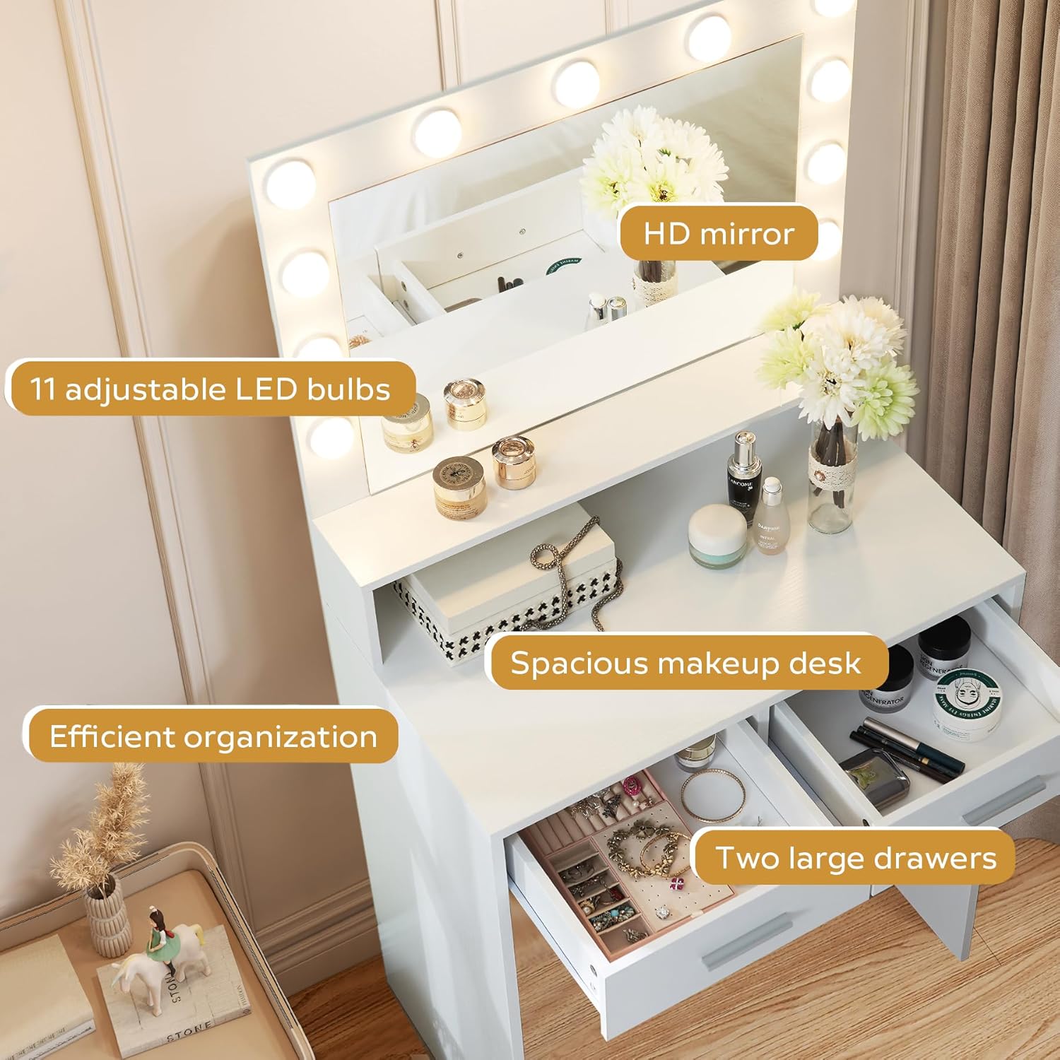Vanity Table with Mirror, 2 Drawers and 3-Tier Storage Makeup Vanity Desk, 12 LED Lights and 3 Color Lighting Modes, Perfect for Bedroom and Dressing Room Vanity Area (D - White)