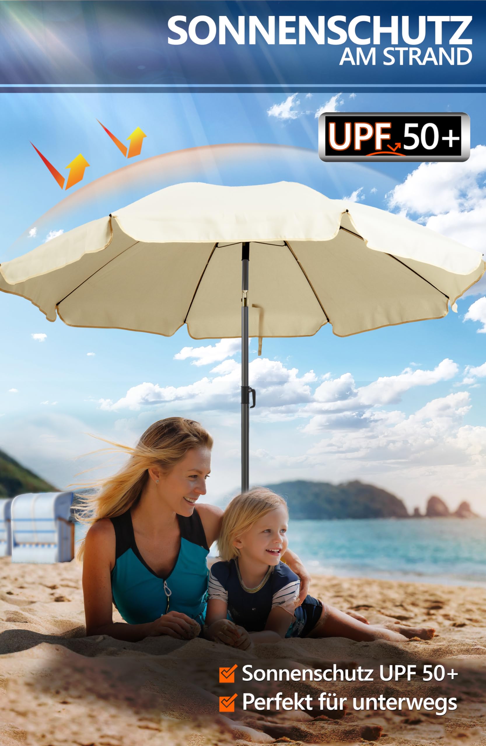4smile Sonnenschirm Balkon Ø 180cm, Beige - Sonnenschirm Strand mit Hülle - Balkonschirm mit Knickfunktion, UPF 50+ Gartenschirm, Strandschirm windfest stabil SunnyJoy