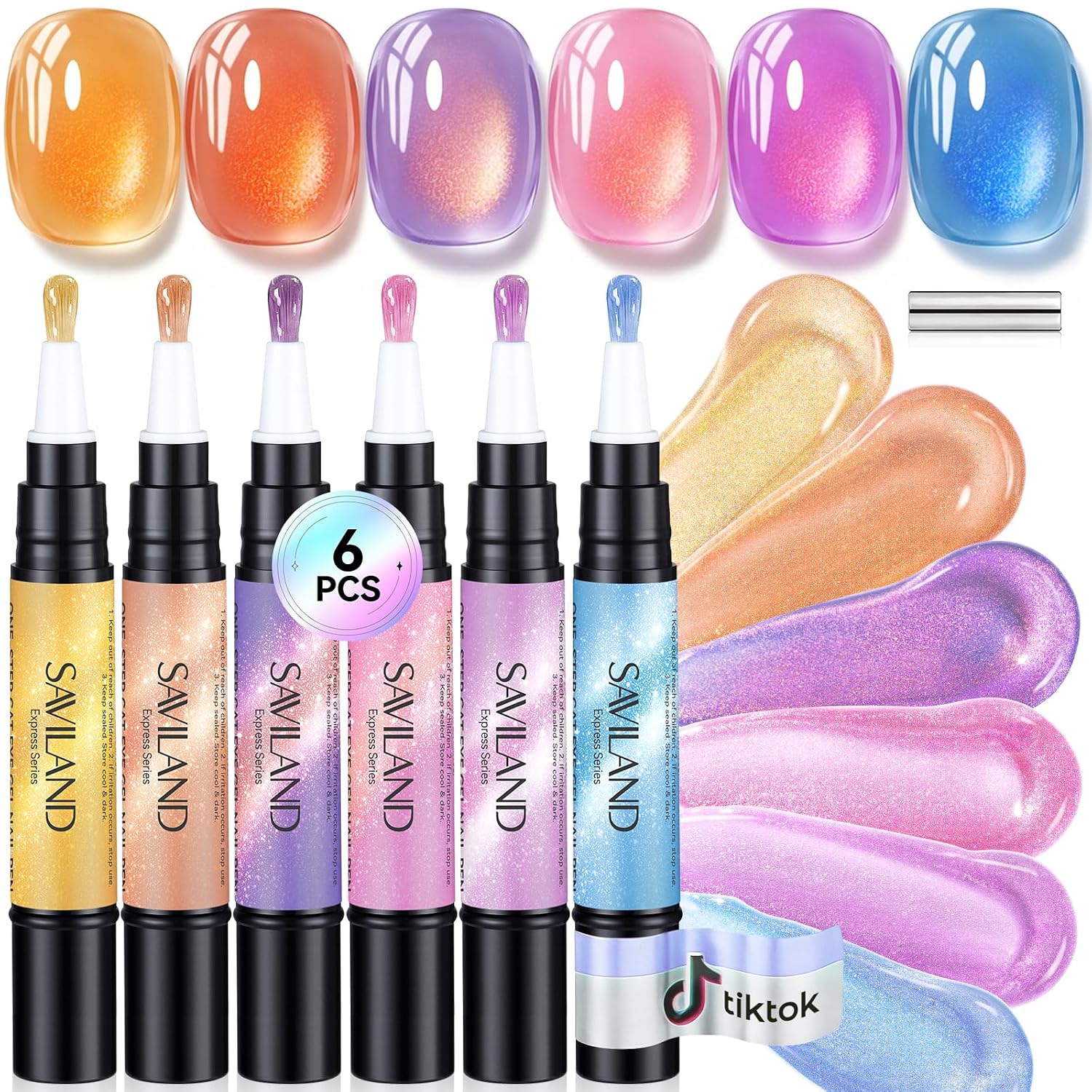 SAVILAND One Step Gel Nail Polish Pens Set, 6 Cat Eye Colors
