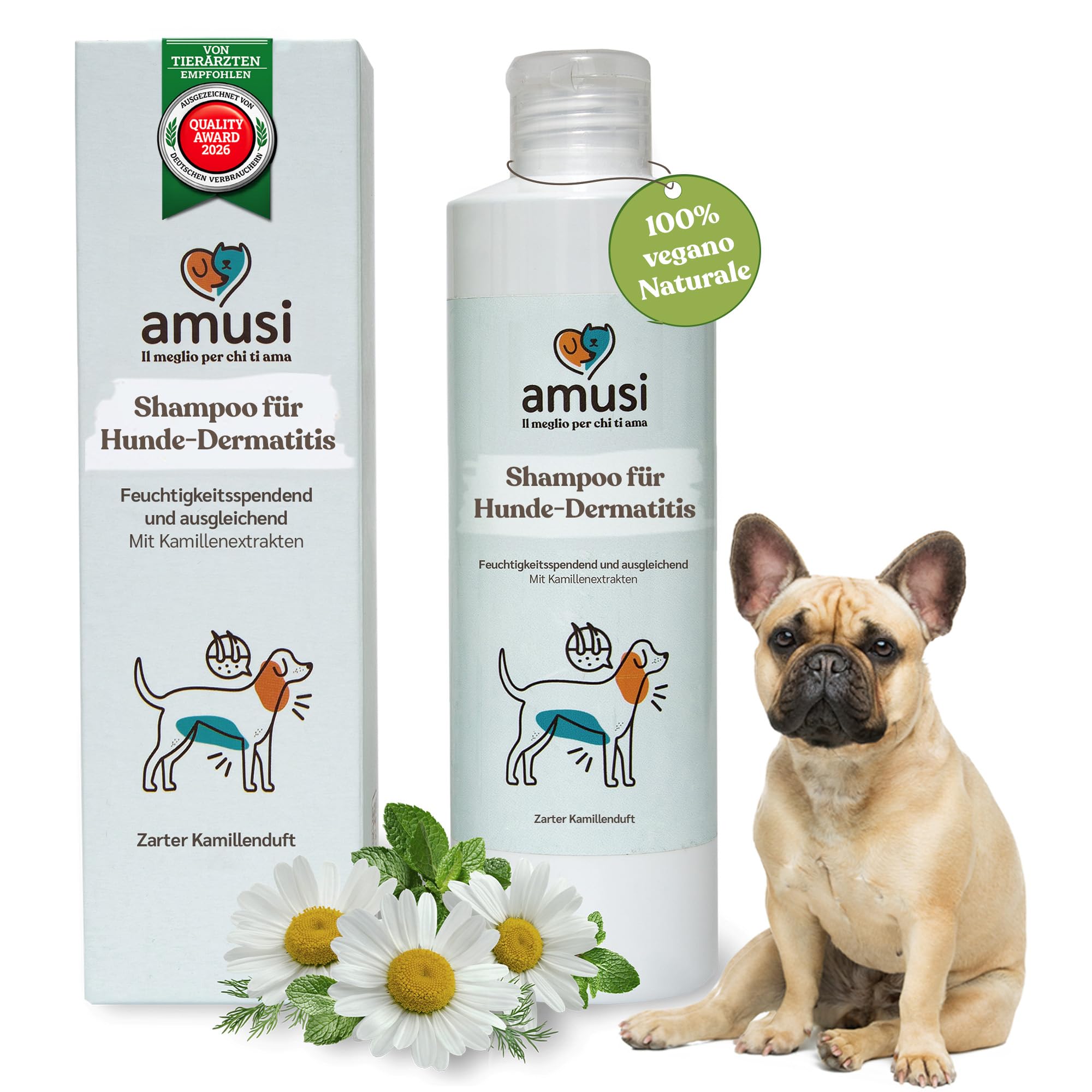 amusi Dermatitis-Hundeshampoo sensitiv mit Duft, 250 ml, hergestellt in Italien - Hundeshampoo gegen Juckreiz, beruhigende Wirkung für empfindliche Kopfhaut – ideal für alle Arten von Dermatitis
