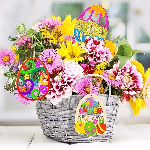 Miniatura 34 de 80 piezas de adornos de madera de primavera para pintar, 8 estilos de adornos de madera sin acabado para bricolaje, cortes en blanco