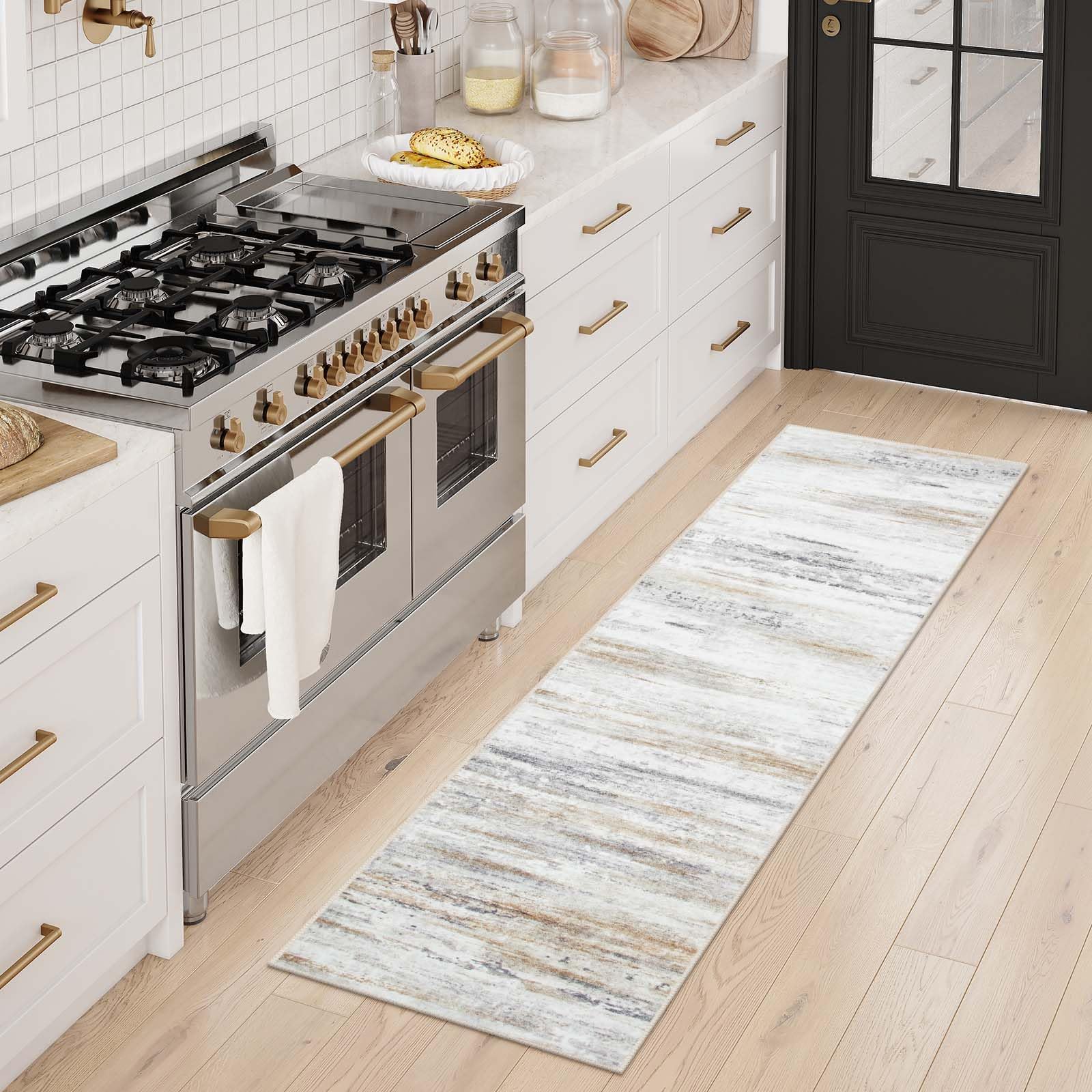 LEEVANModern Abstract Kitchen Runner Rug, Washable Runners for Hallways Non Slip, Distressed 2x6 Rug Runner Low Pile Floor Carpet for Entryway/Doorway, Beige/Slate