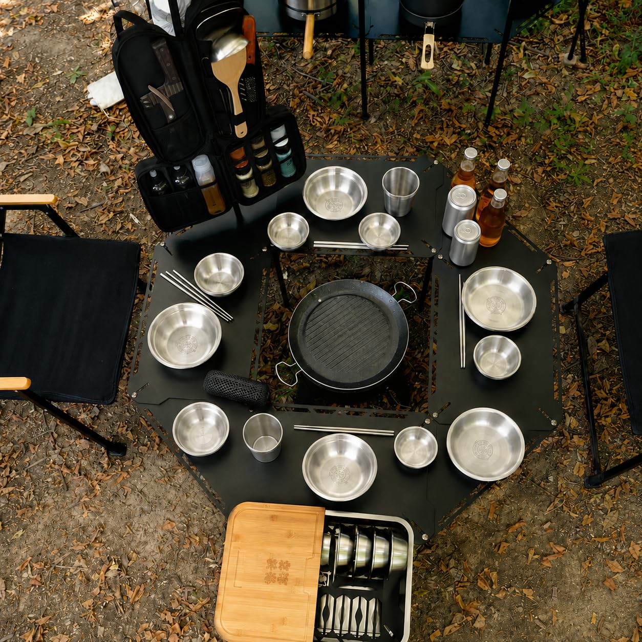 Set Vaisselle Camping Métal, Couvert Pliable and Bols Tasses, Sac Rangement en Mesh, pour Randonnée Pique-Nique