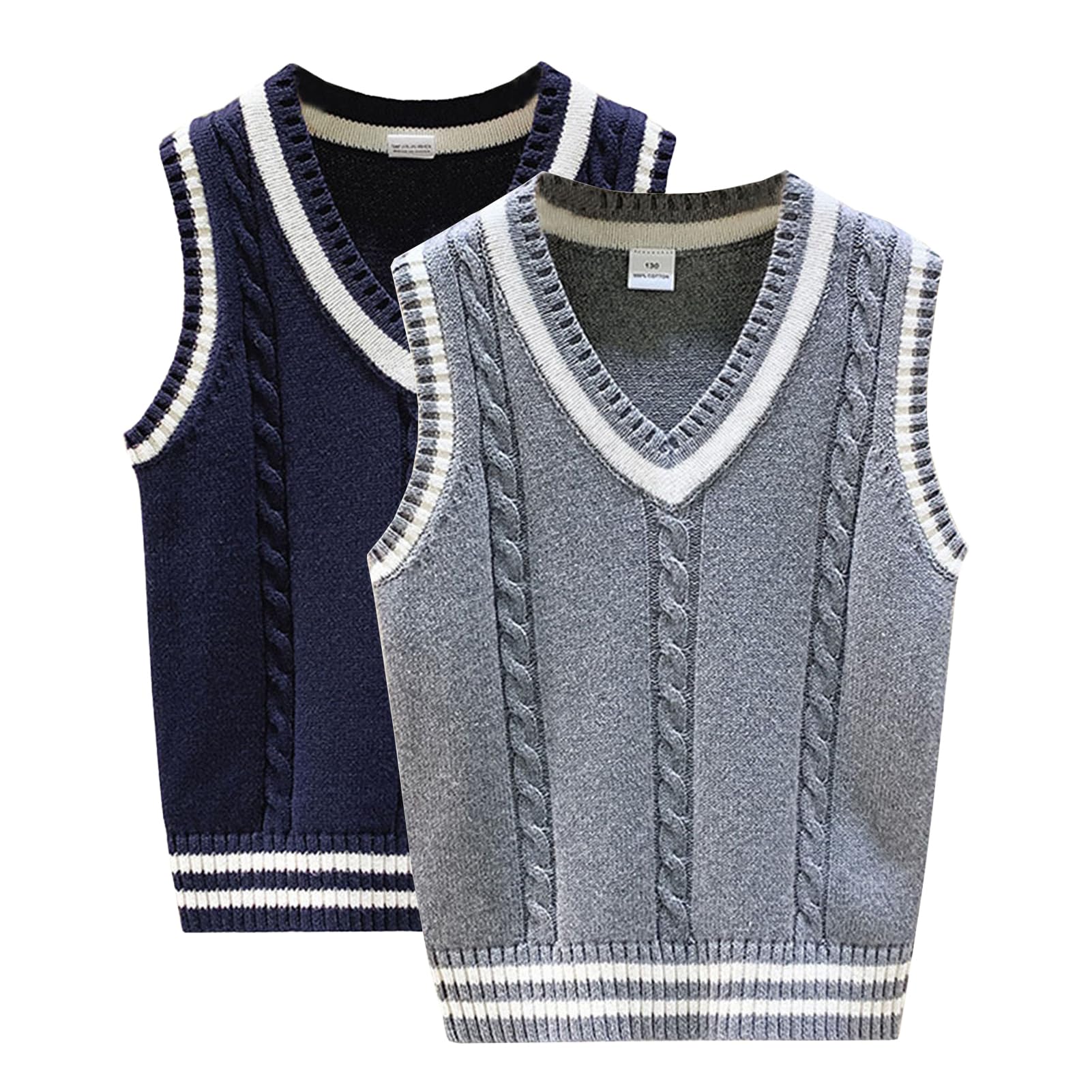 2 Piezas Chaleco de Punto Niños Niñas Estudiantes Cuello V Suéter Sin Mangas Jerséis Pullover Sweater