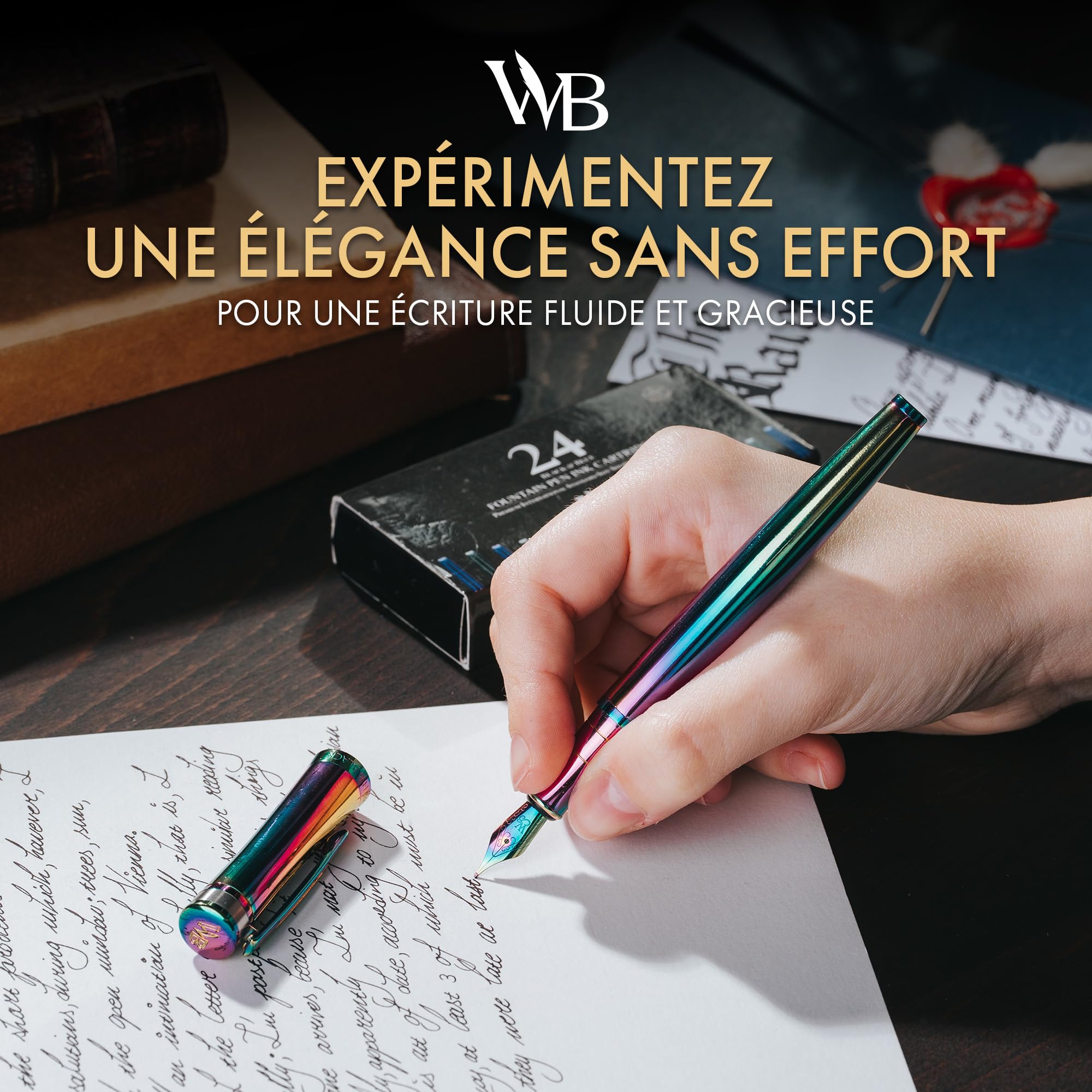 Wordsworth & Black Ensemble Stylo Plume, Plume Moyenne Dorée 18 Carats, Comprend 24 Cartouches D'encre, Convertisseur De Recharge D'encre Et Coffret Cadeau, Finition Dorée Calligraphie [Arc-en-ciel]