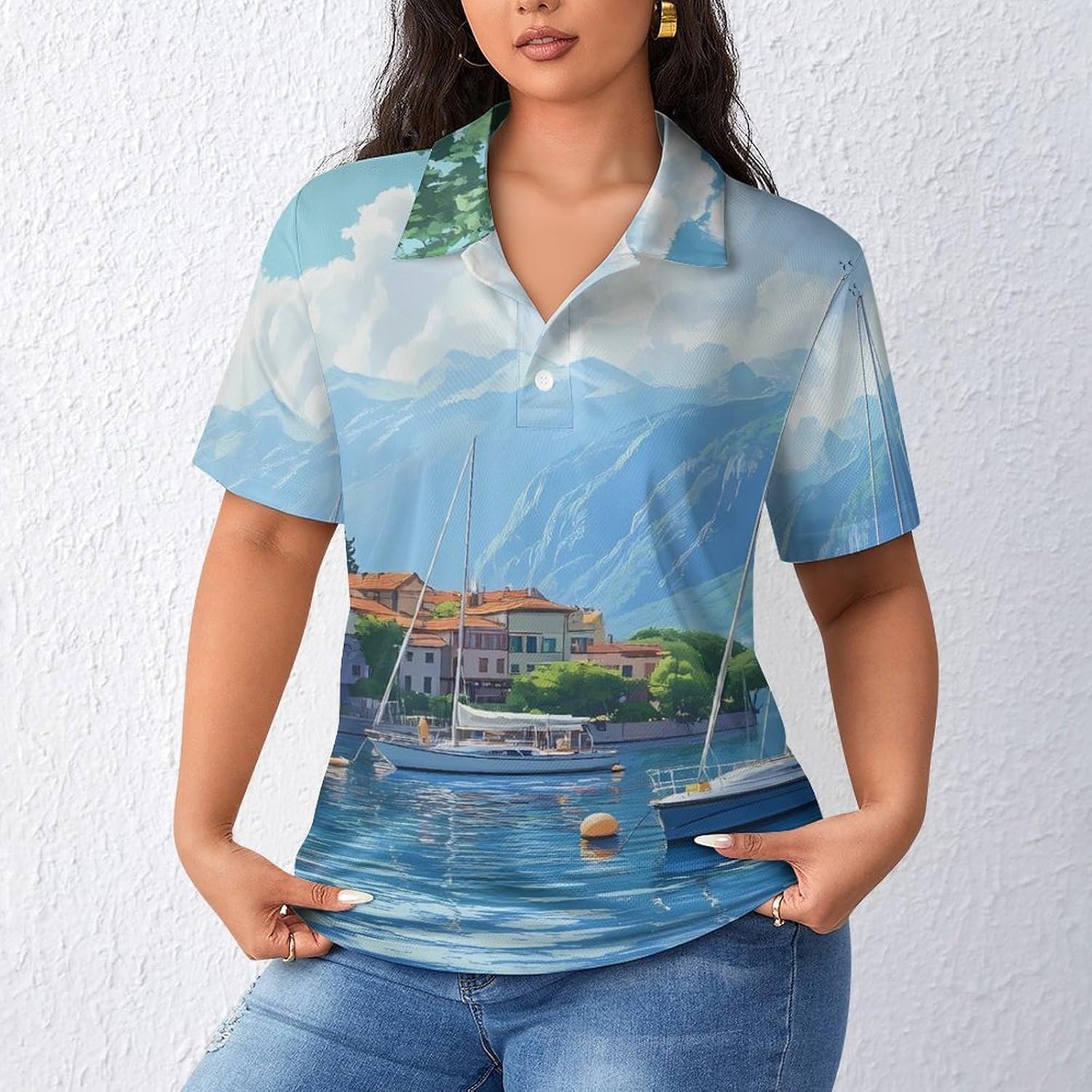 Italy Lake Como Boat Womens Golf Polo Shirts Summer Short Sleeve Collared 3 Buttons T Shirt Activewear Tops