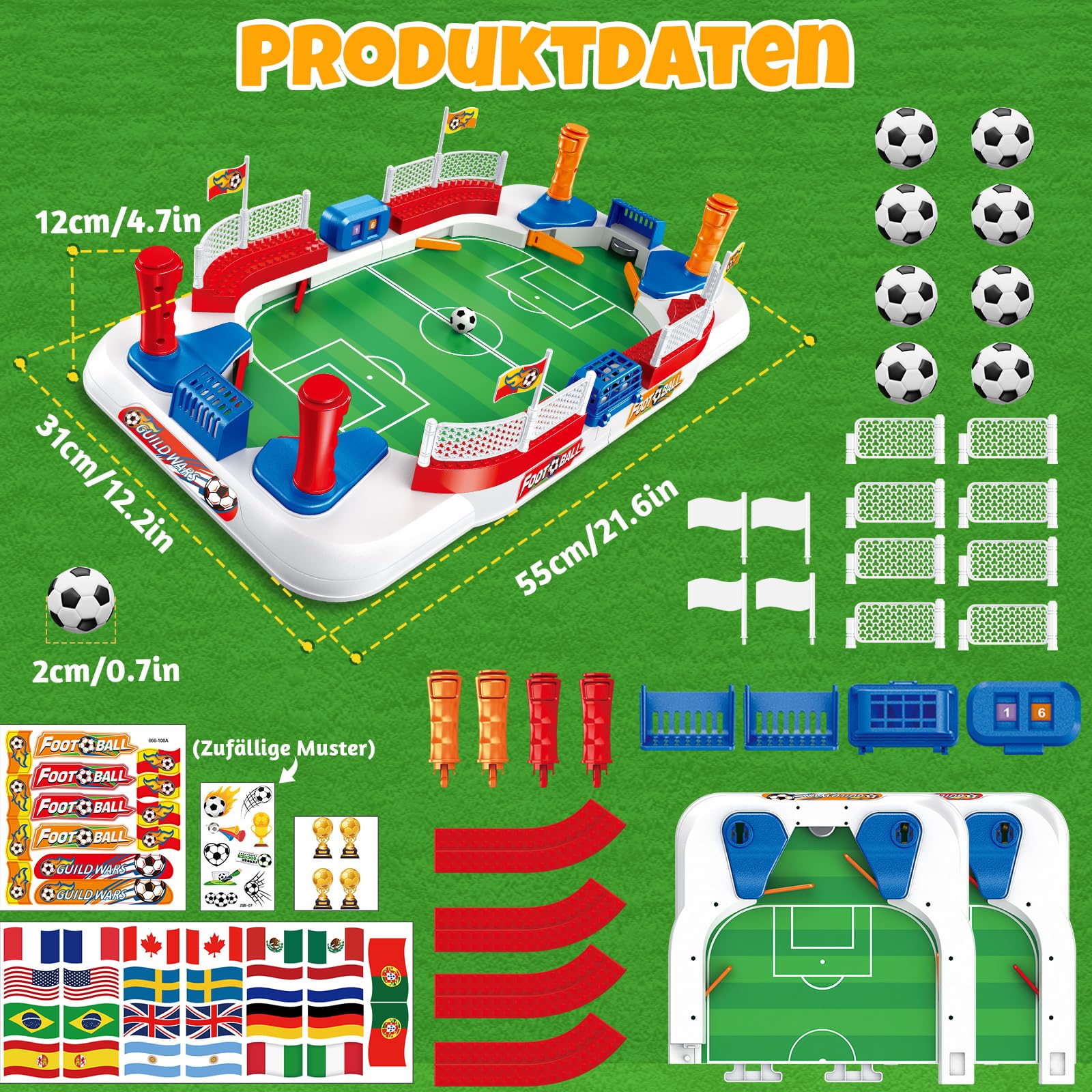 Tischkicker, 55 × 31 Kickertisch Kinder Mini Tischfussball Kinder Interaktive Tischfußball mit 8 Fussball, Handpunktezähler, Aufkleber, Fussball Geschenke Jungen für 4 5 6 7 8 9 10 Jahre