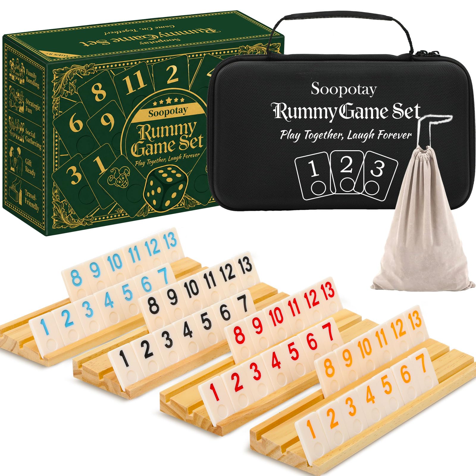 SOOPOTAY Rummy Cup Brettspiel für 2–4 Spieler – 106 Melamin-Fliesen, 4 Holzhalter, Premium-Koffer & Beutel – Reisespiel für Erwachsene