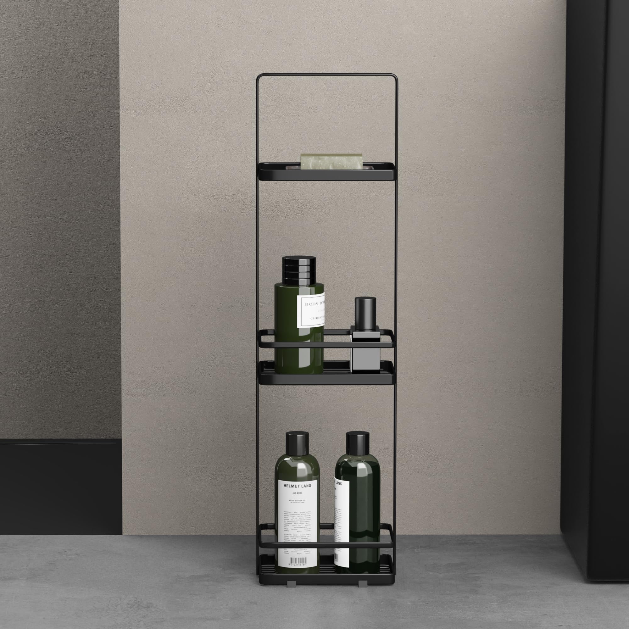 doporro Duschregal stehend, Badregal schmal aus Metall, 3 Ebenen Badezimmerregal freistehend, Duschablage ohne Bohren für Bad, Dusche und WC, Schwarz, Reglo-02