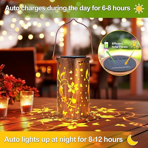 Miniatura 3 de Paquete de 4 linternas solares colgantes para exteriores, 4 faroles decorativos de metal ahuecados para colibrí, impermeables, luces LED decorativas