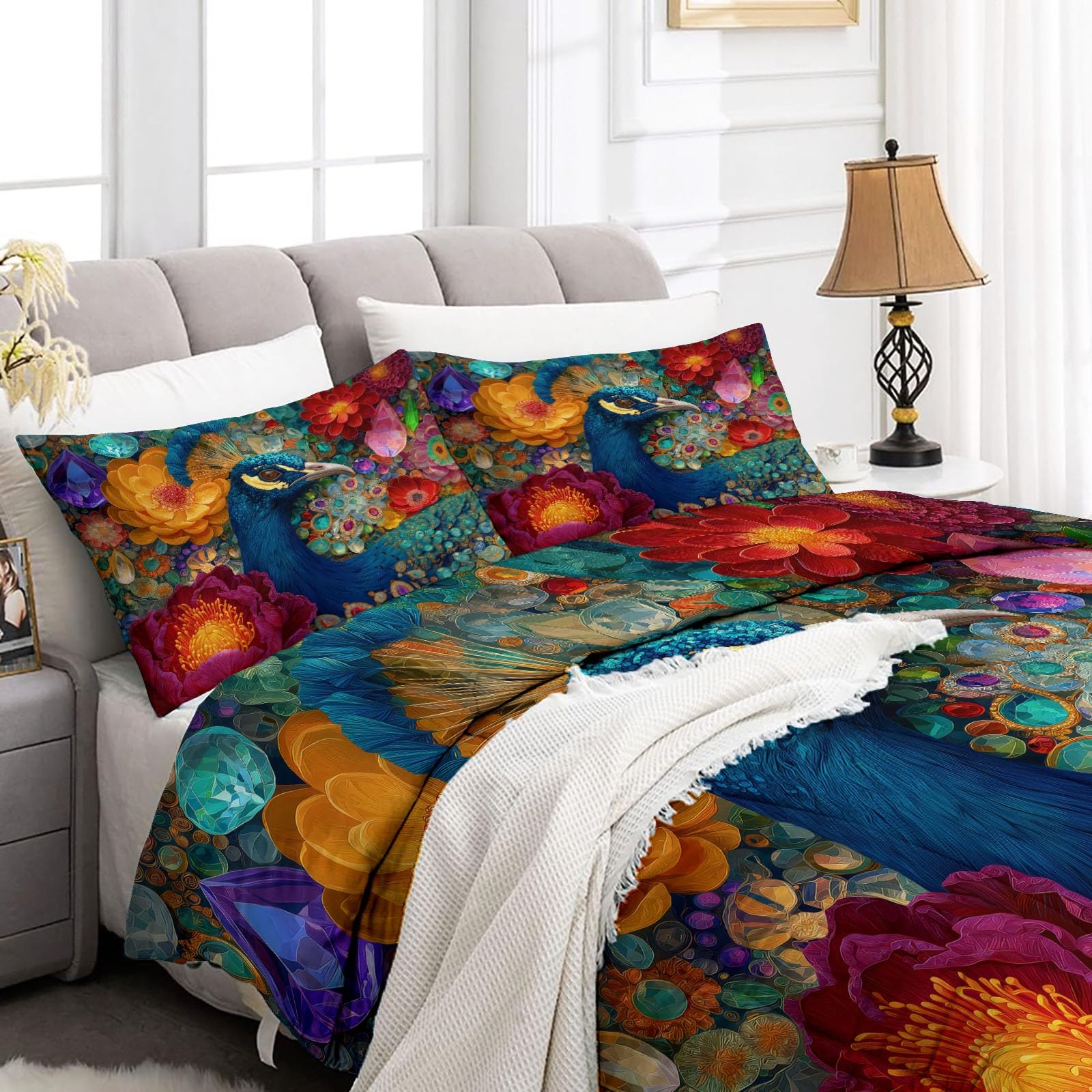 Generisch Bunt Bettdecke ohne Bezug für Bett und Sofa, Pflegeleicht Steppdecke 135 x 200 cm - Retro Pfau Blumen Blätter, Gewaschene Baumwolle, Geschenkidee Ganzjahresdecke Waschbar Daunendecke