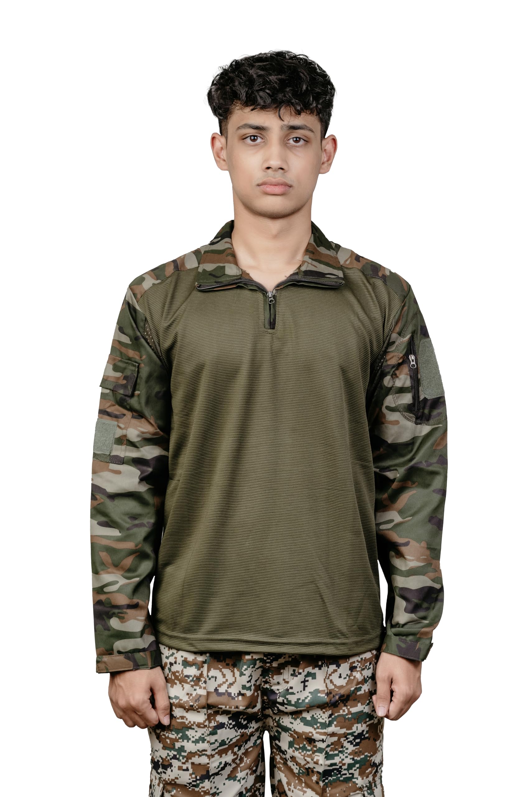 Men's Tactical Combat Shirt, Woodland Camouflage, Half-Zip, Long Sleeve, Mesh Back Panel, Military Style-image-4