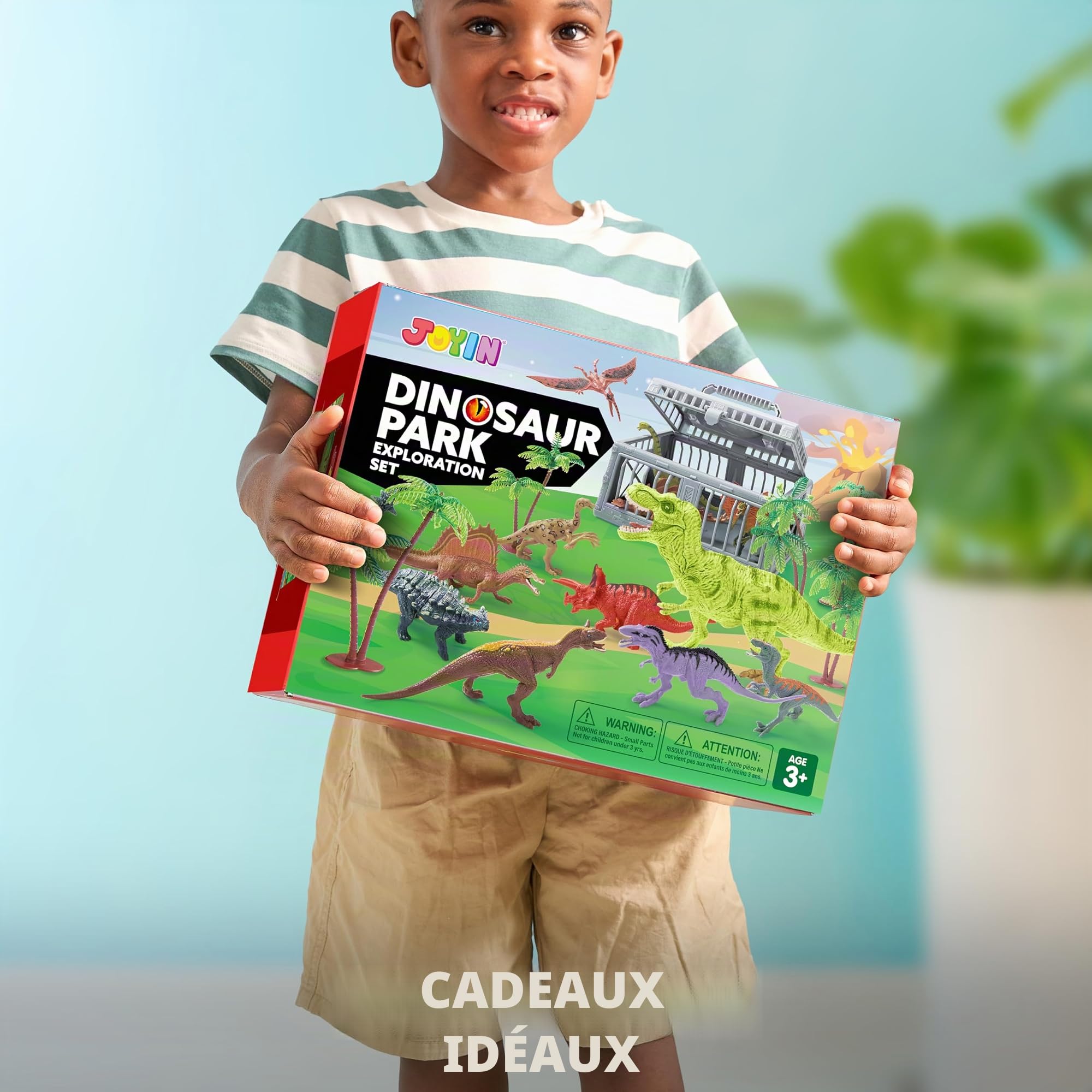 JOYIN 3-6 Ans garçon Dinosaure Jouet pour Enfants avec Tapis de Jeu et Cage de Rangement, 19pcs Réalistes Personnages et Arbres
