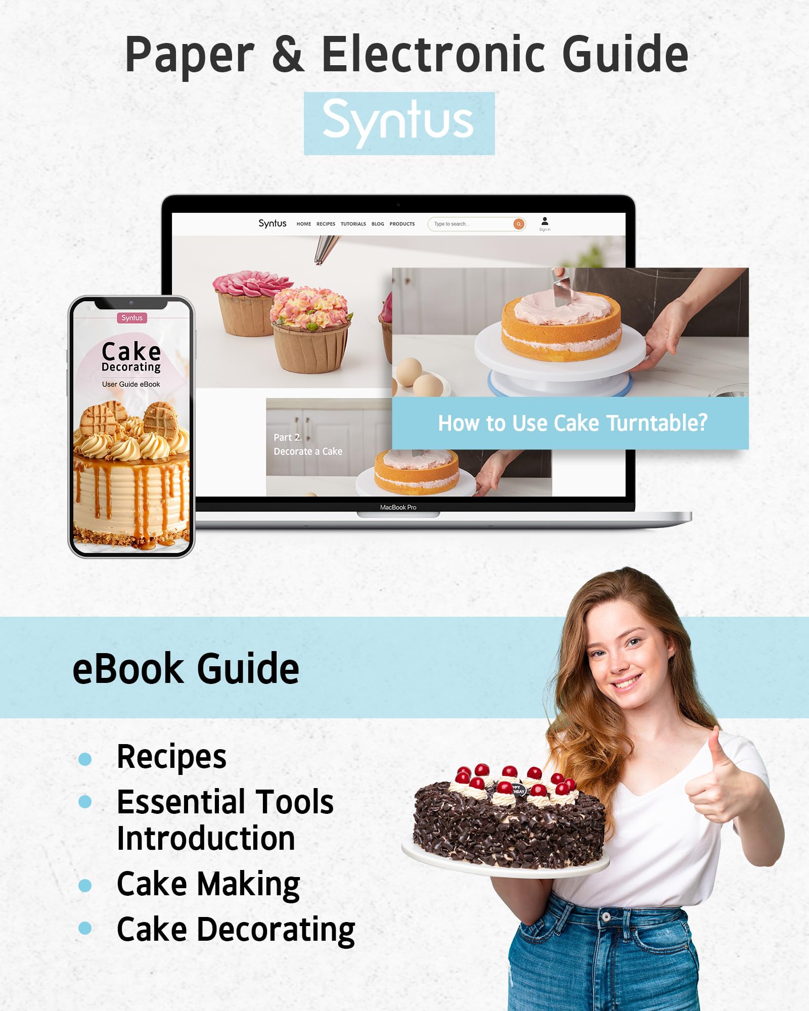 Syntus Kit de decoración de pasteles de 65 piezas con soporte giratorio para tartas, suministros para hornear pasteles 30+1 bolsas de tubería, 24 puntas de tubería, espátulas rectas y compensadas, 3