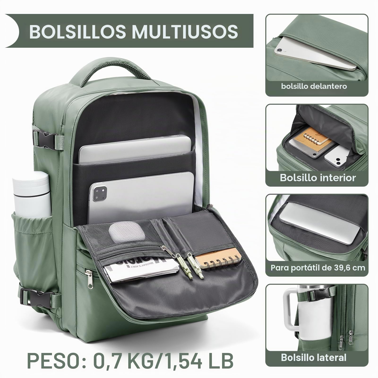Mochila Viaje Cabina Avion 40x30x20 Al Vacio con Bomba Mochila Ryanair Cabina 40x30x20 Compresible Al Vacio Mochilas De Viaje para Avion Hombre Mujer Verde
