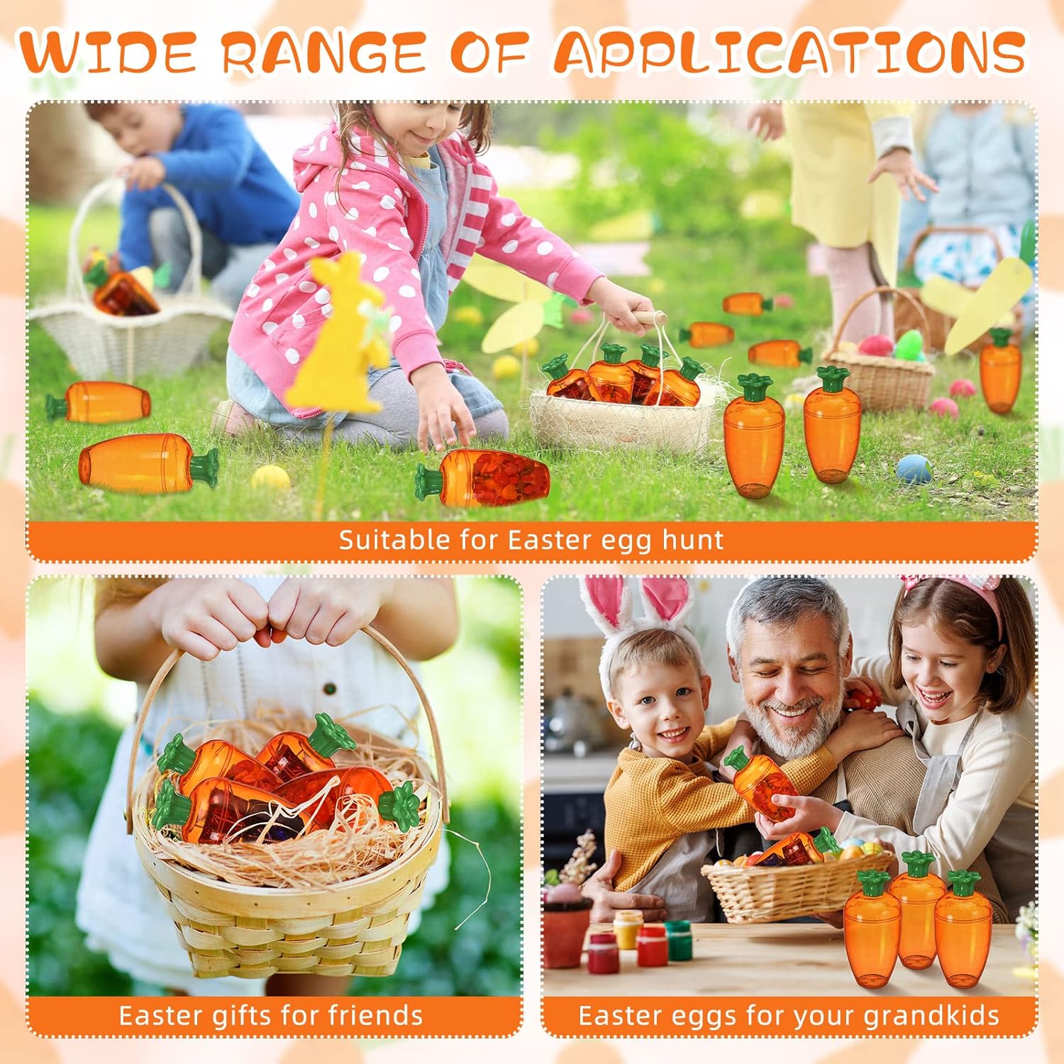 24 Pcs Easter Carrots Containers Orange Plastic Carrot Shaped Easter Eggs Carrot Fillable Treat Containers for Easter Hunt Party Favors Basket Fillers, 4 x 2 x 2 inches