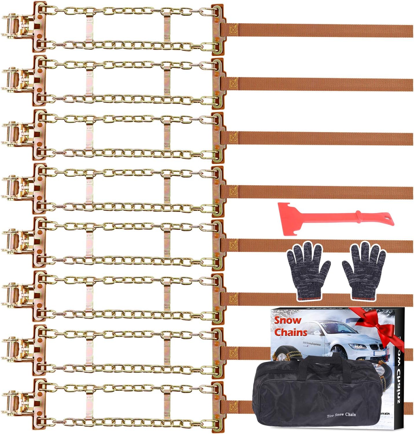 Tire Chains, Snow Chains for suvs, Cars, Sedan, Family Automobiles,Trucks with Update Adjustable Lock for Ice, Snow,Mud,Sand,Applicable Tire Width 205-275mm/8.07-10.8in(8 Pack)