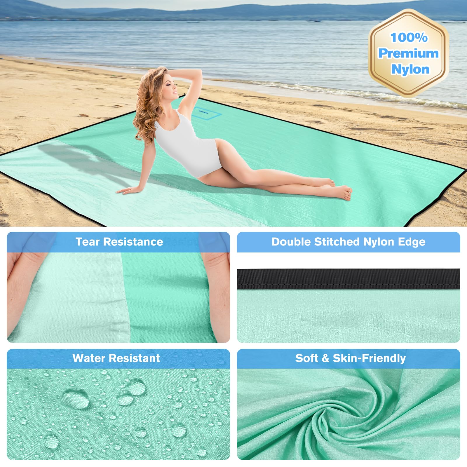 Stranddecke Sandfrei Super Groß 210x200 cm, Sanddicht Wasserdicht, Ultradünn Schnelltrocknend Tragbar Strandmatte, Leicht Weiches Bequemes Langlebiges Strandtuch, Grün