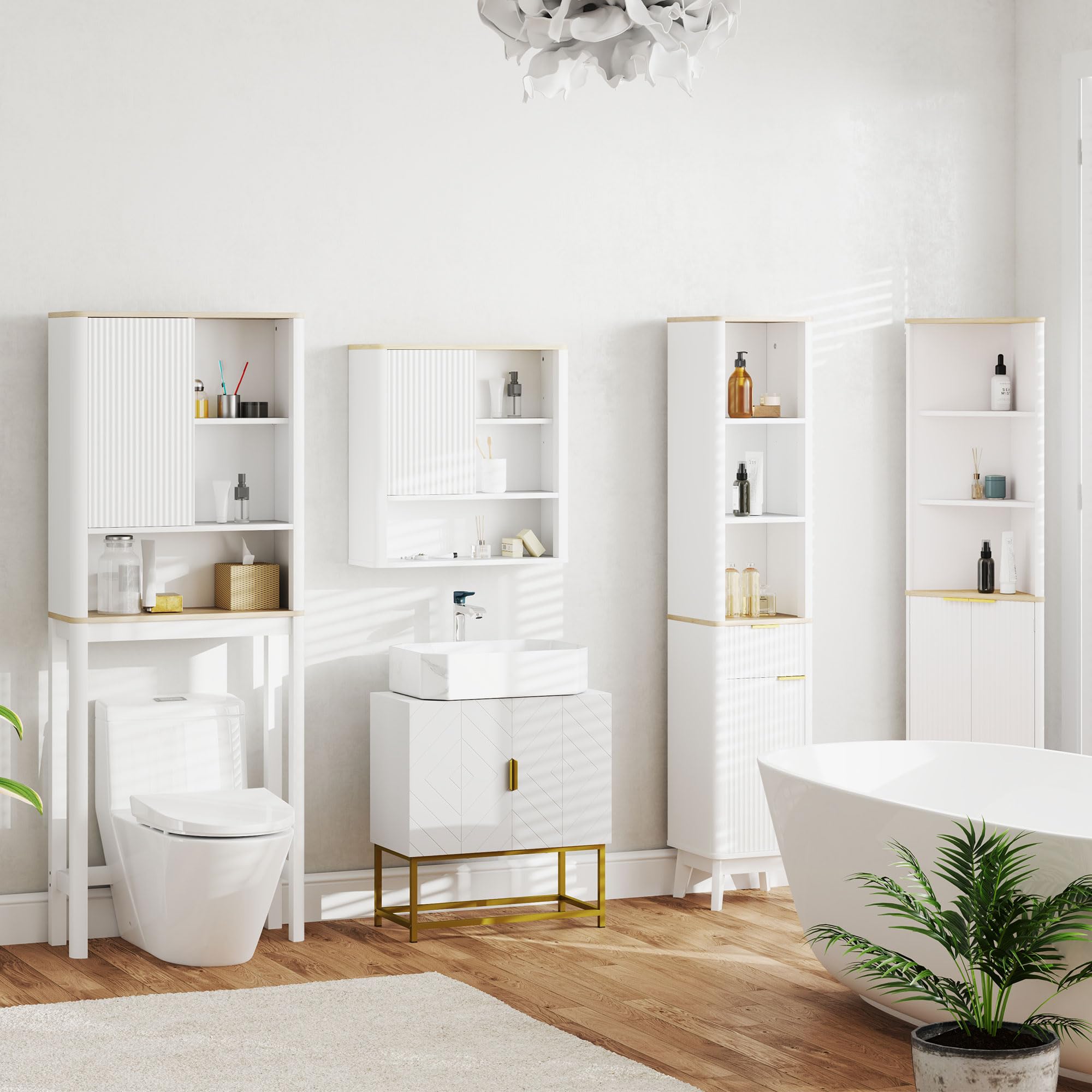 HOMCOM Armario de Baño de Pared Mueble de Baño Colgar con Estantes Ajustables Puerta Corredera Compartimentos y Diseño con Perfil Curvo 60x20x62 cm Blanco