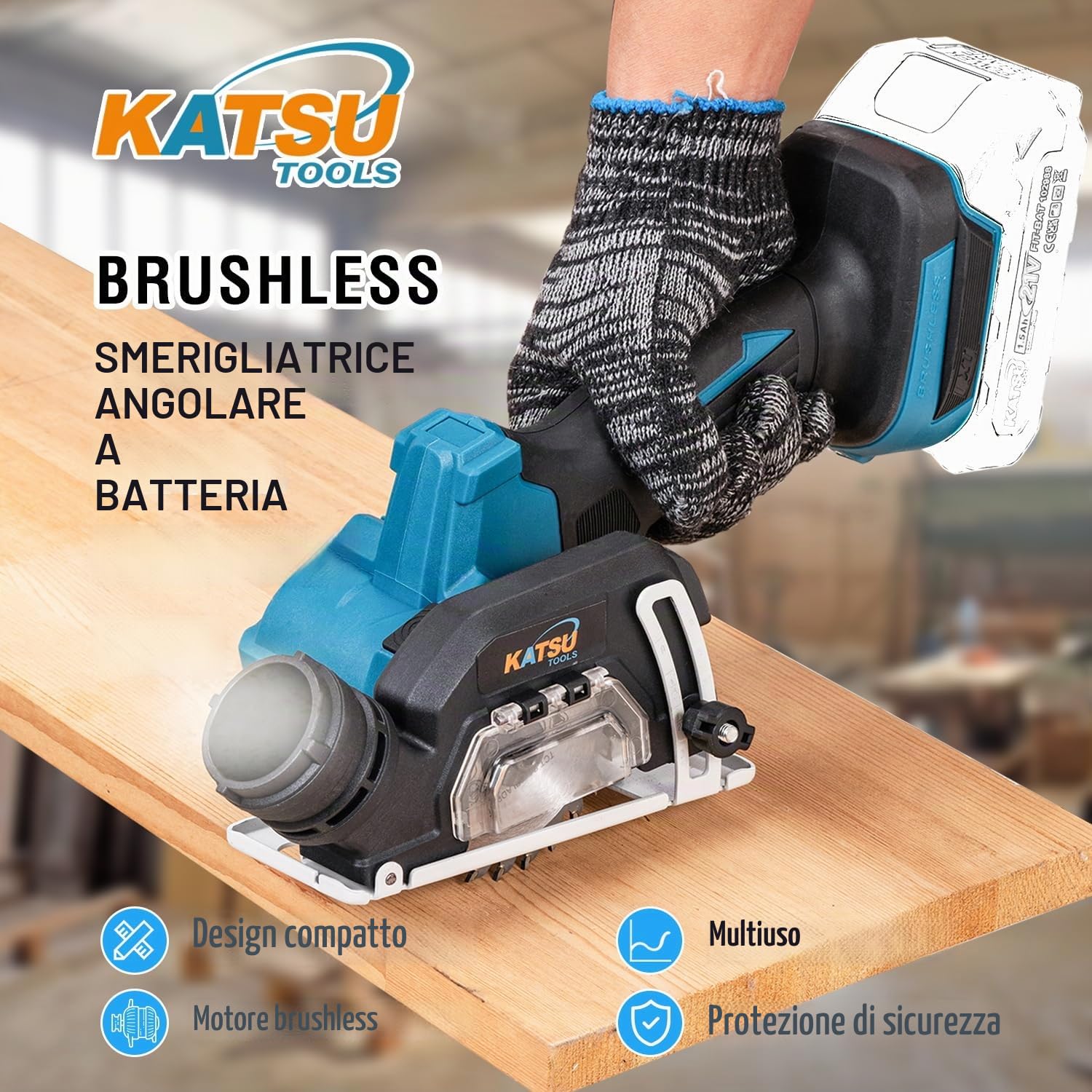 KATSU FIT-BAT Mini Smerigliatrice Angolare 3" Brushless a Batteria, Utensile da Taglio Compatto, 6 Lame Incluse, per Metallo, Legno, Piastrelle e Plastica, Senza Batteria e Caricatore