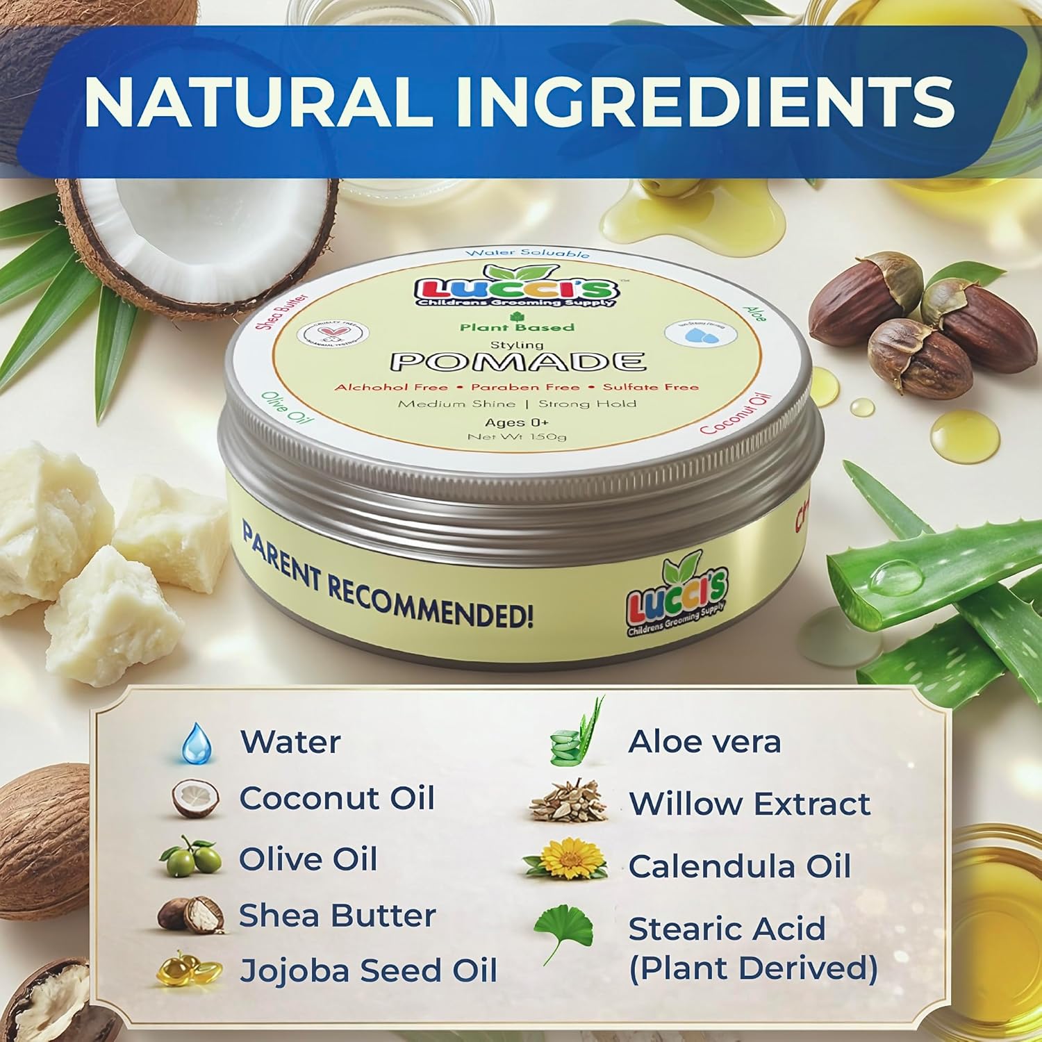 LUCCI’S CHILDRENS GROOMING SUPPLY Baby Hair Gel – 5oz Plant-Based Styling Hair Pomade for Infants – No Parabens or Sulphates – Medium Shine and Strong Hold Hair Paste for Kids