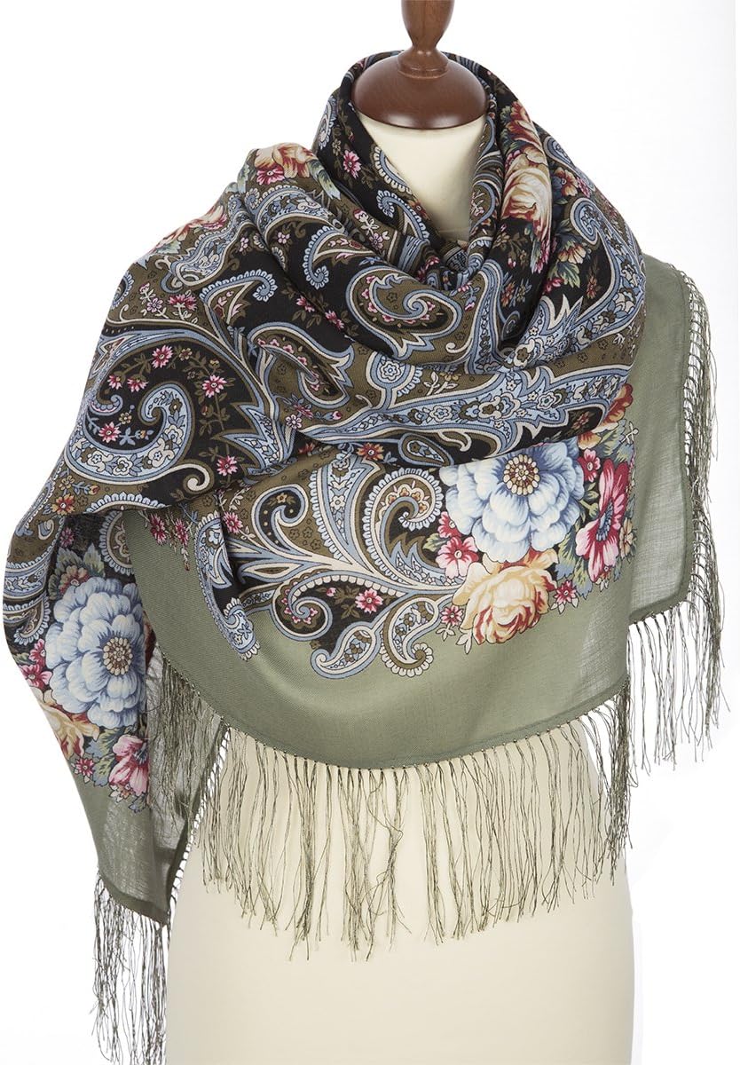 Pavlovo Posad Russian Shawl 100% Wool 125x125 cm Scarf Silk Tassels 1665-2
