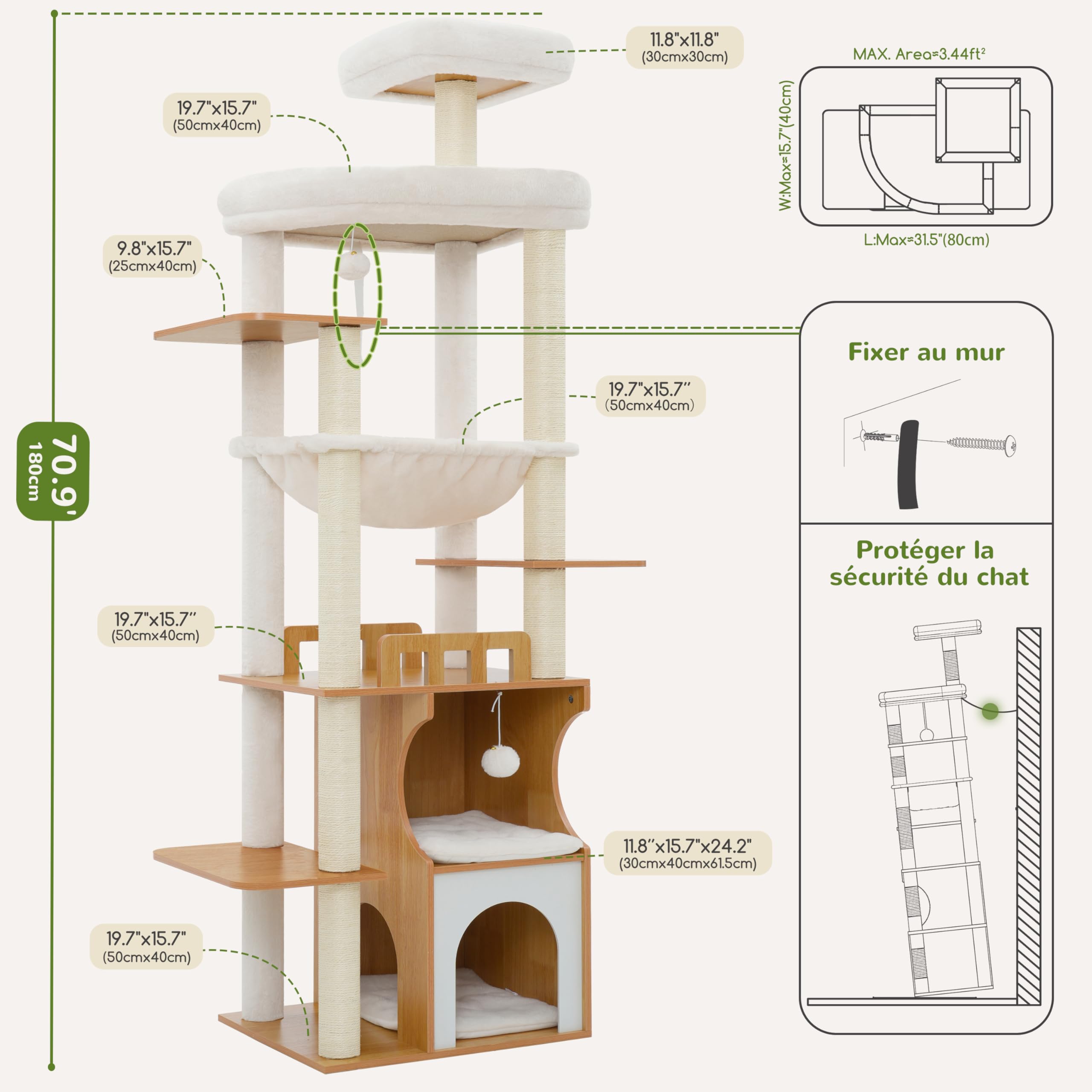 Gitelsnour Arbre à Chat Maine Coon, 180 cm Tour de Jeux pour Chats Adulte, Tour Chat Moderne avec Niche à Chat en Bois à Deux étages, 2 Plateformes, Hamac et Poteaux à Griffer, Noyer GCT102WB