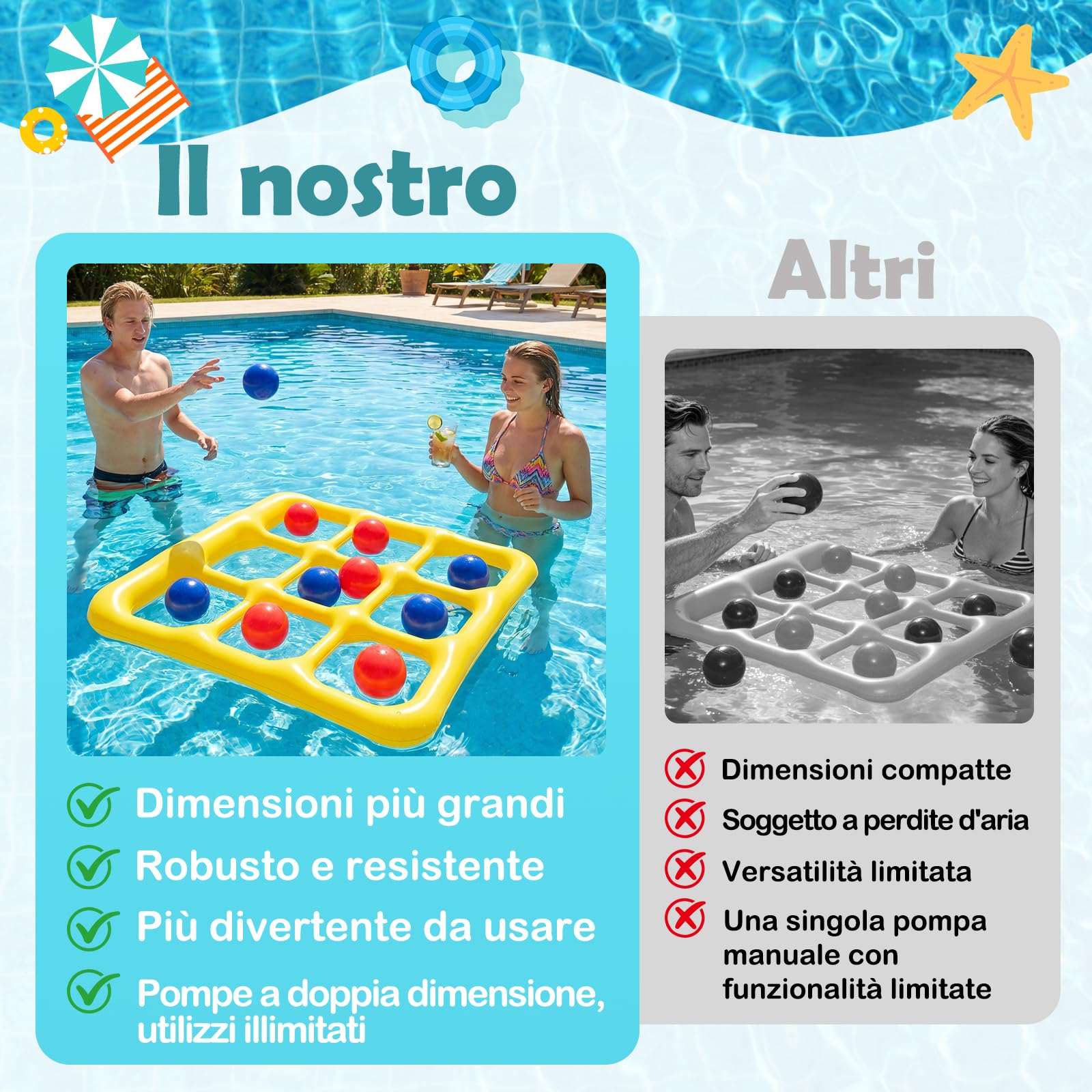CYFIE Giocattolo per Piscina Tic Tac Toe, Gonfiabile, 3 x 3, con 10 Palline e 2 Pompe, Giocattolo per Adulti, Accessori per Piscina, Divertimento per Piscina, Spiaggia e Giardino, Giocattolo