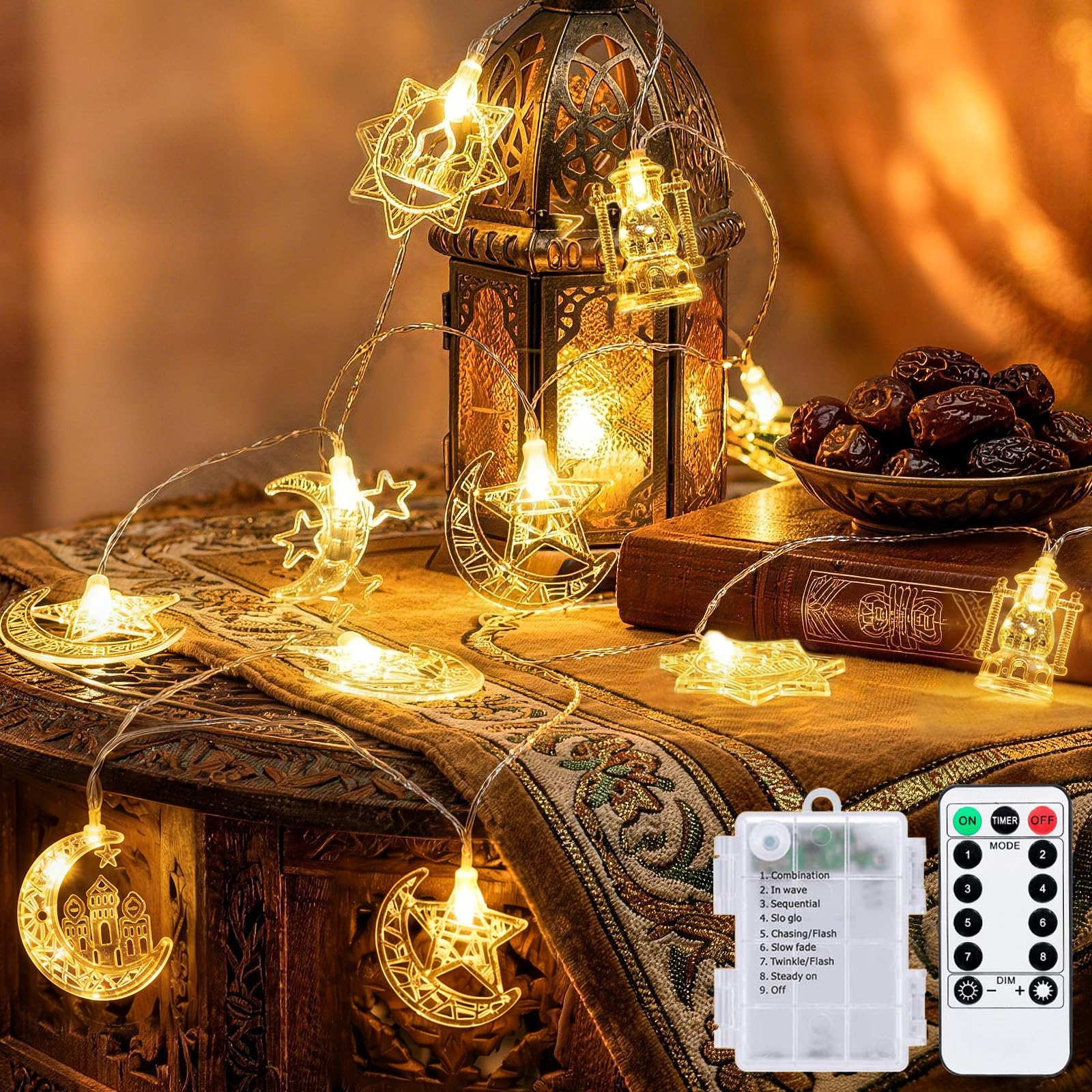 Meision Ramadan Lichterkette Kinderzimmer Lichterkette Batterie Innen mit Timer & Fernbedienung, 3 Meters, 8 Modi, 20LEDs, Ramadan Deko für Esstisch, Fenster, Türvorhang, Warmweiß