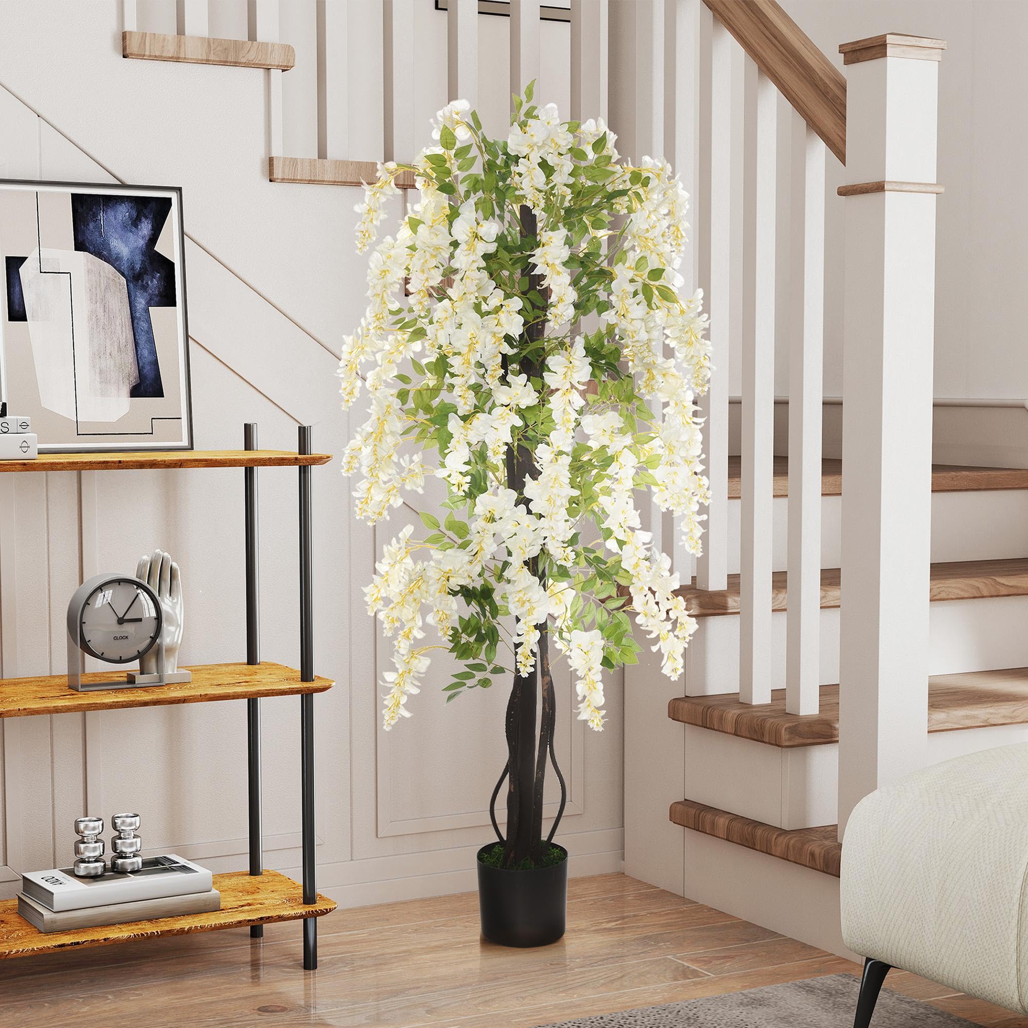 Outsunny Pianta Artificiale Glicine Bianco Finto con Vaso per Interni ed Esterni, Bianco e Verde Ø18 x 165cm