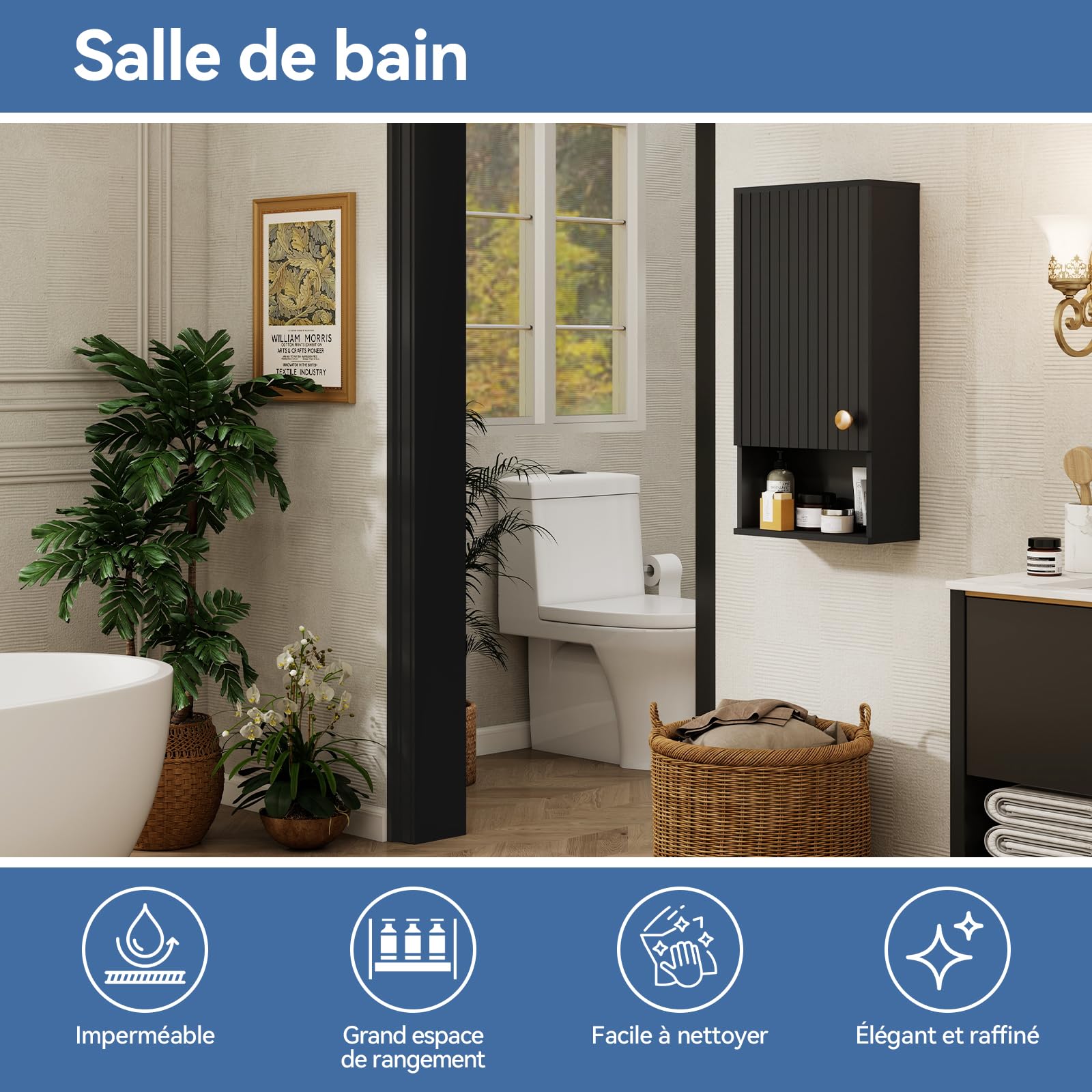 YU YUSING Meuble WC Étroit Suspendu 33x17x66 cm Porte Rainurée