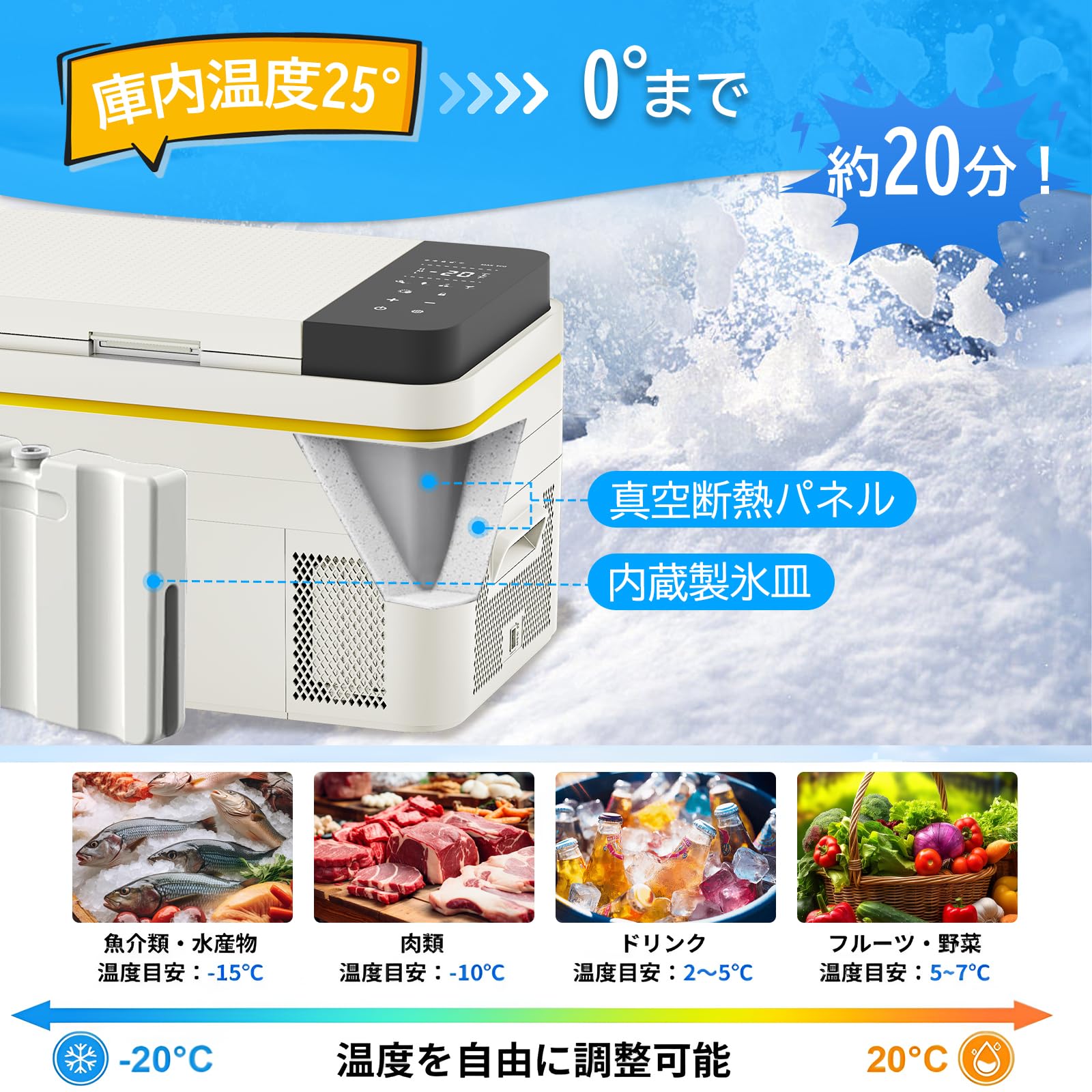 車載冷蔵庫 20L ポータブル冷蔵庫 バッテリー1個付 キャンプ 車中泊 防災 ポータブル冷蔵庫 車載冷蔵庫 冷凍庫 20L 大容量 -20℃ 4WAY電源 DC12V
