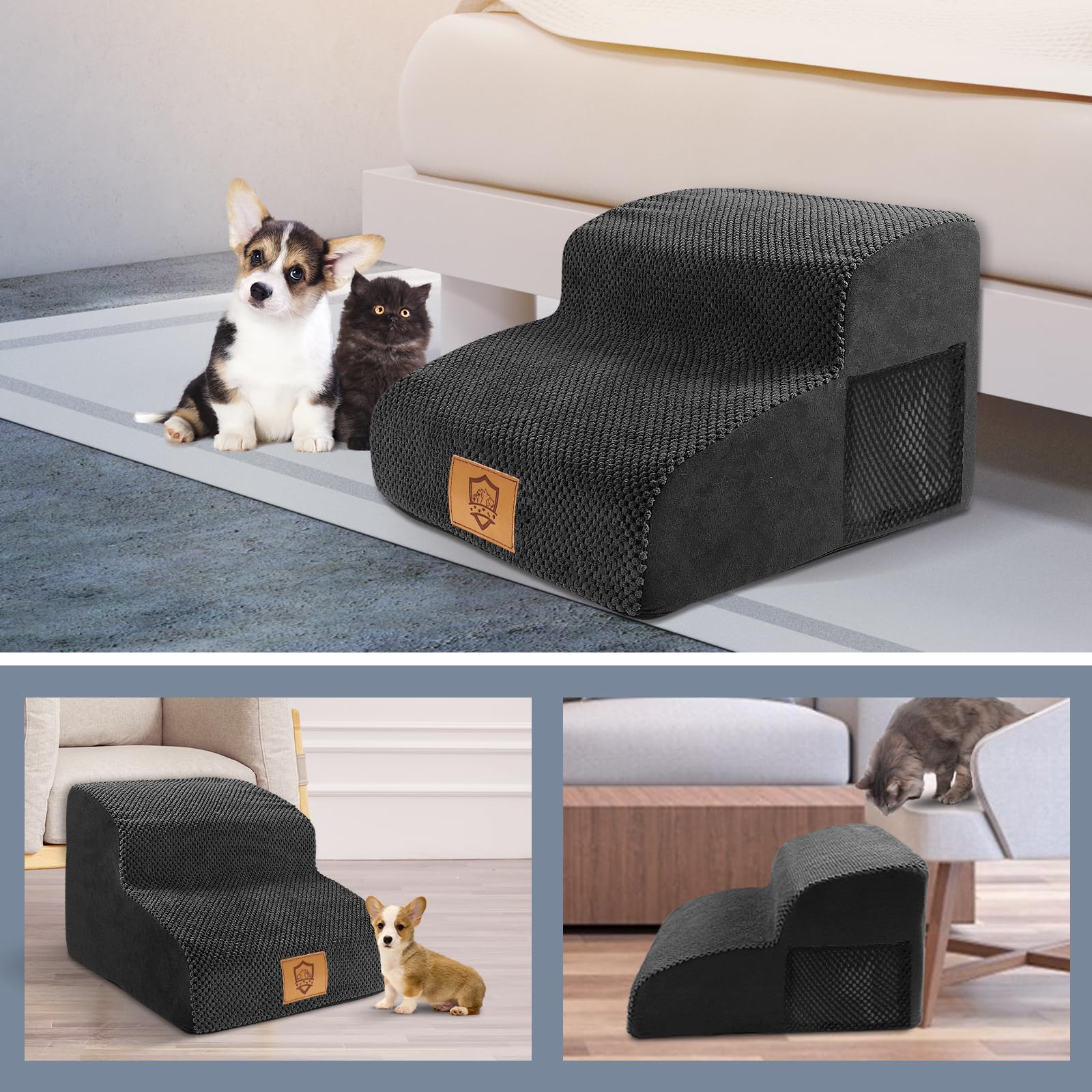 Thihome Scala per Cani a 2 Gradini, Scale per Gatti, Rampa per Animali, Scaletta per Cani di Piccola Taglia,Rampa per Gatti Anziani, con Fodera Rimovibile e Lavabile, per Letto e Divano, Nero