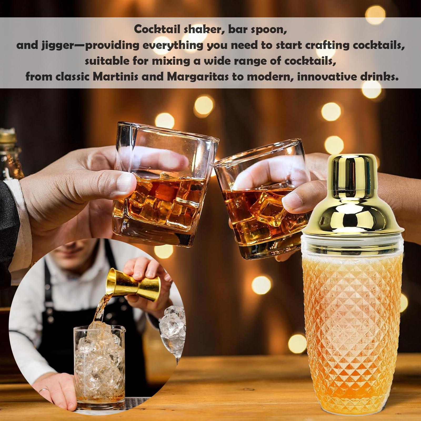 Set Di Shaker per Cocktail In Vetro 400ml, Shaker Da Cocktail In Vetro Trasparente, 400 Ml Shaker In Cristallo, Con Misurino e Cucchiaio, per Bar Domestici, Bevande a Base Di Succhi Di Frutta, Oro