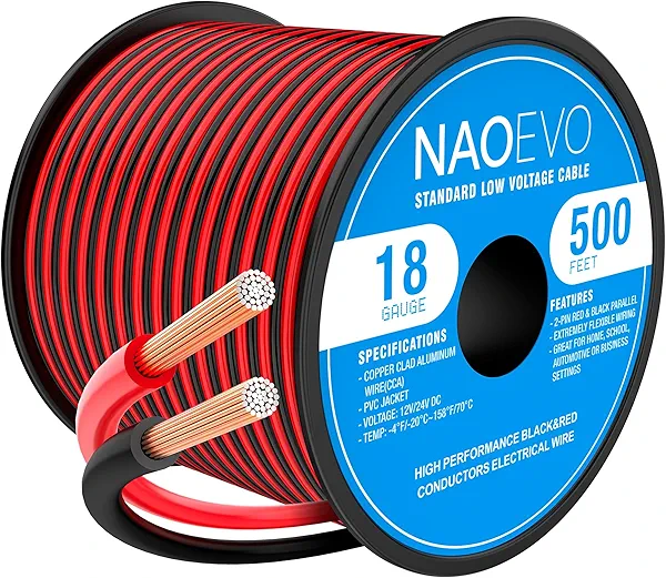 NAOEVO 18 Gauge Wire 500FT, 2 Conductors Electrical Wire Red Black Cable, Flexible/Low Voltage/PVC 18 AWG Copper Clad Aluminum Extension Cord for Speaker, LED Strips, Automotive 12V/24V DC